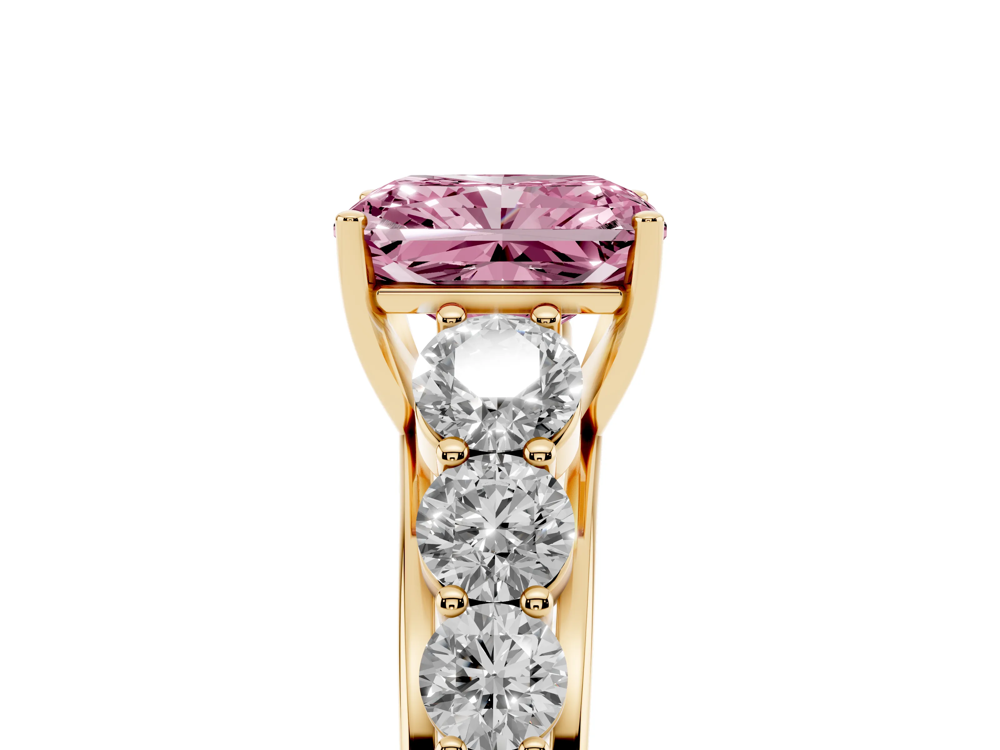 Fancy Pink Radiant Cut Diamond Solitaire Ring Set in Yellow gold with Pavé-Set Band and Prong Setting