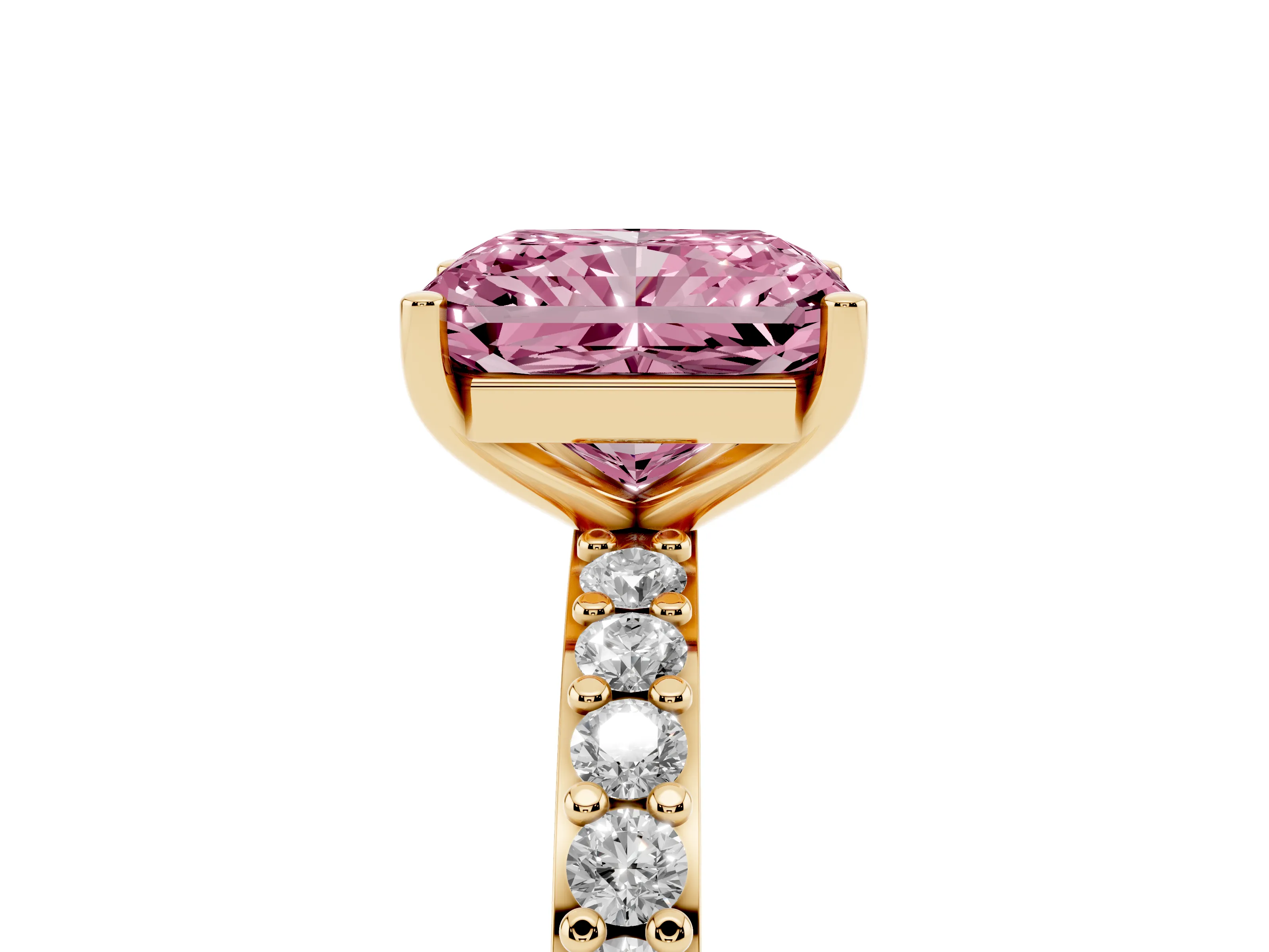 Fancy Pink Radiant Cut Diamond Solitaire Set in Yellow gold with Round Pavé Band and Prong Setting