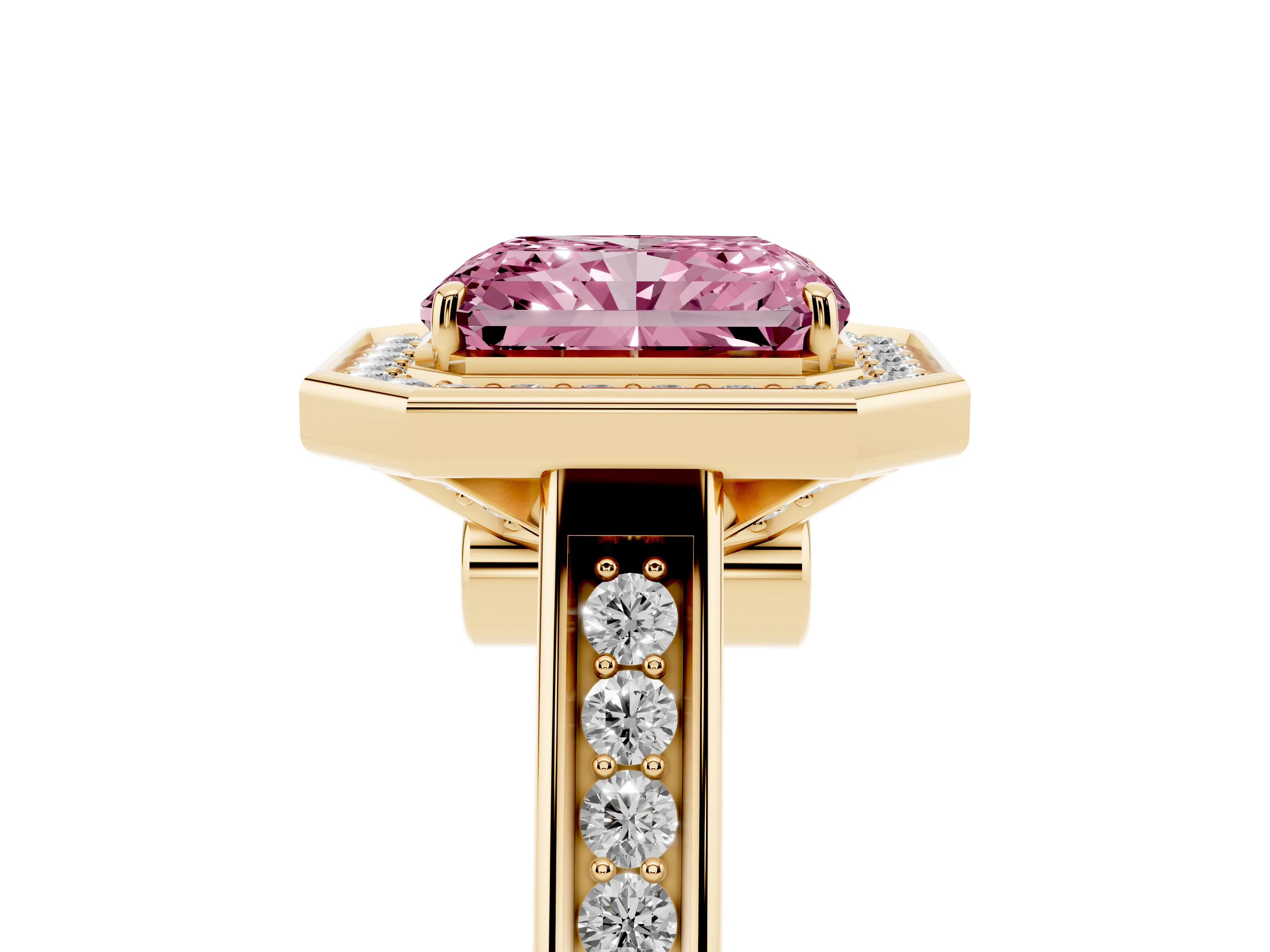 Fancy Pink Radiant Cut Diamond Halo Solitaire Ring Set in Yellow gold with Pavé Band and Bezel Setting
