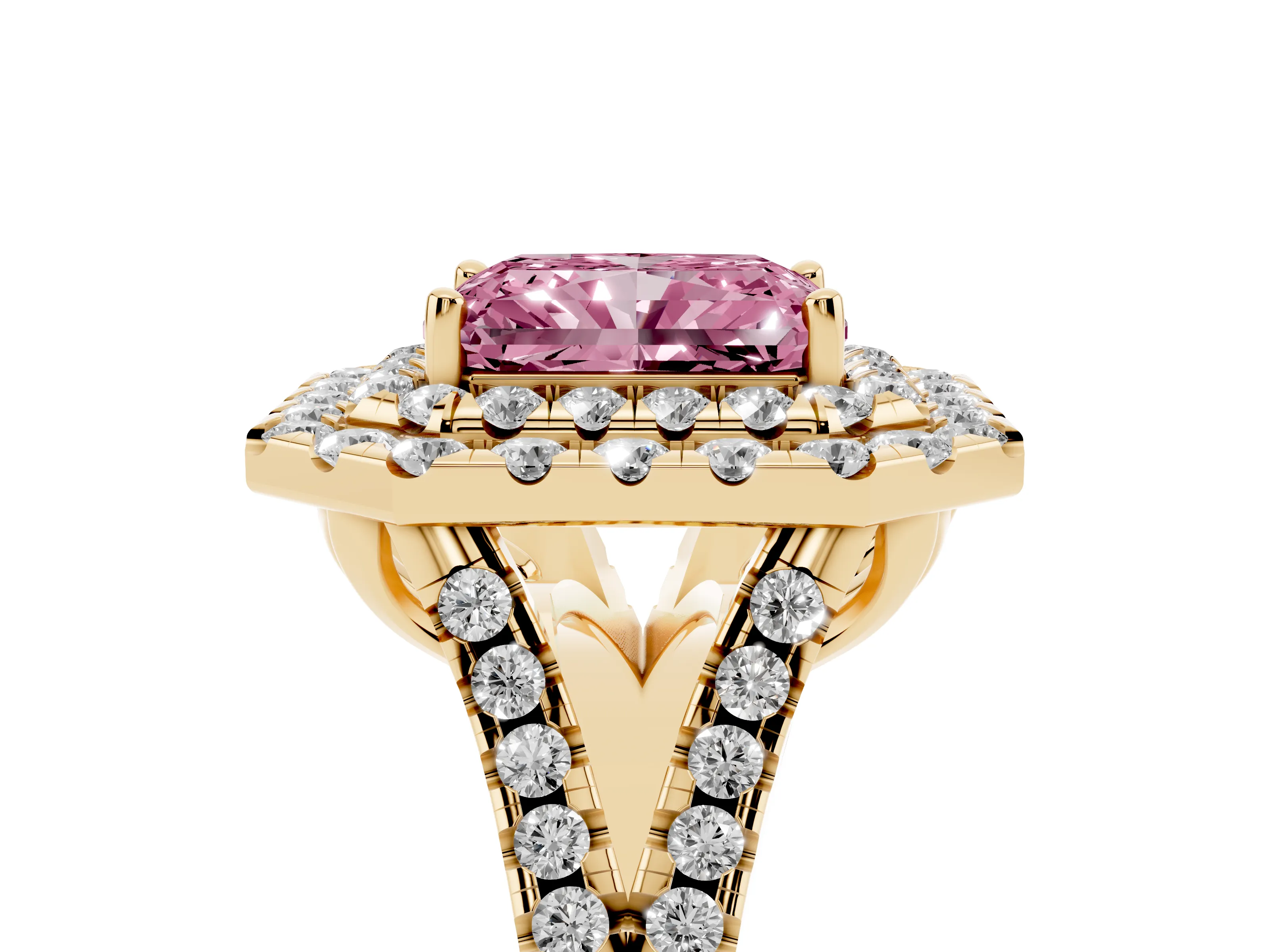 Fancy Pink Radiant Cut Diamond Double Halo Ring Set in Yellow gold with Pavé Split Shank and Prong Setting