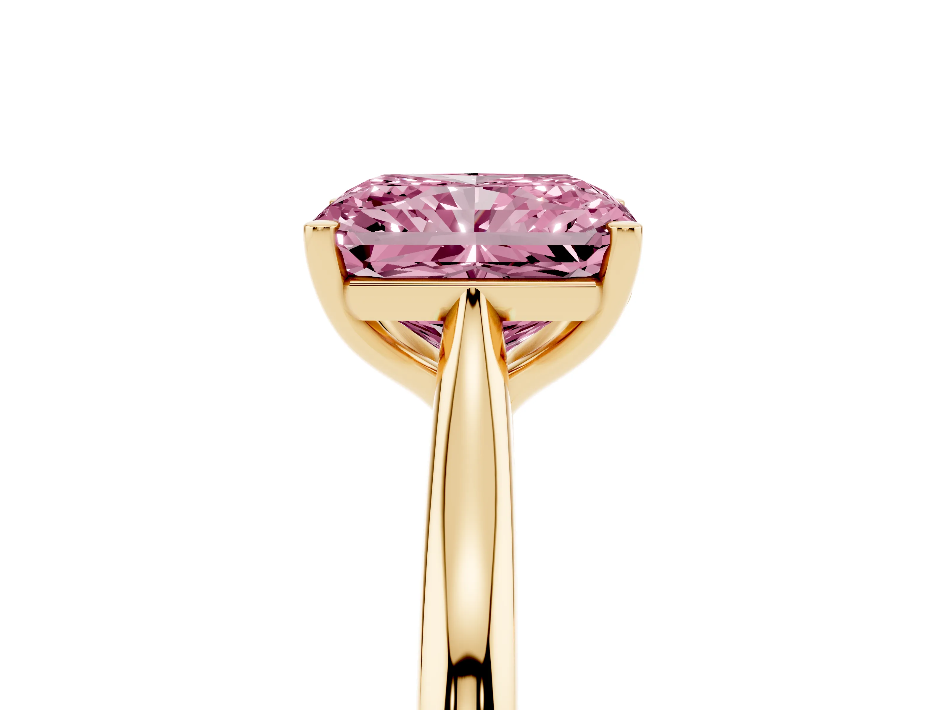 Fancy Pink Radiant Cut Diamond Solitaire Ring Set in Yellow gold with Cathedral Band and Prong Setting
