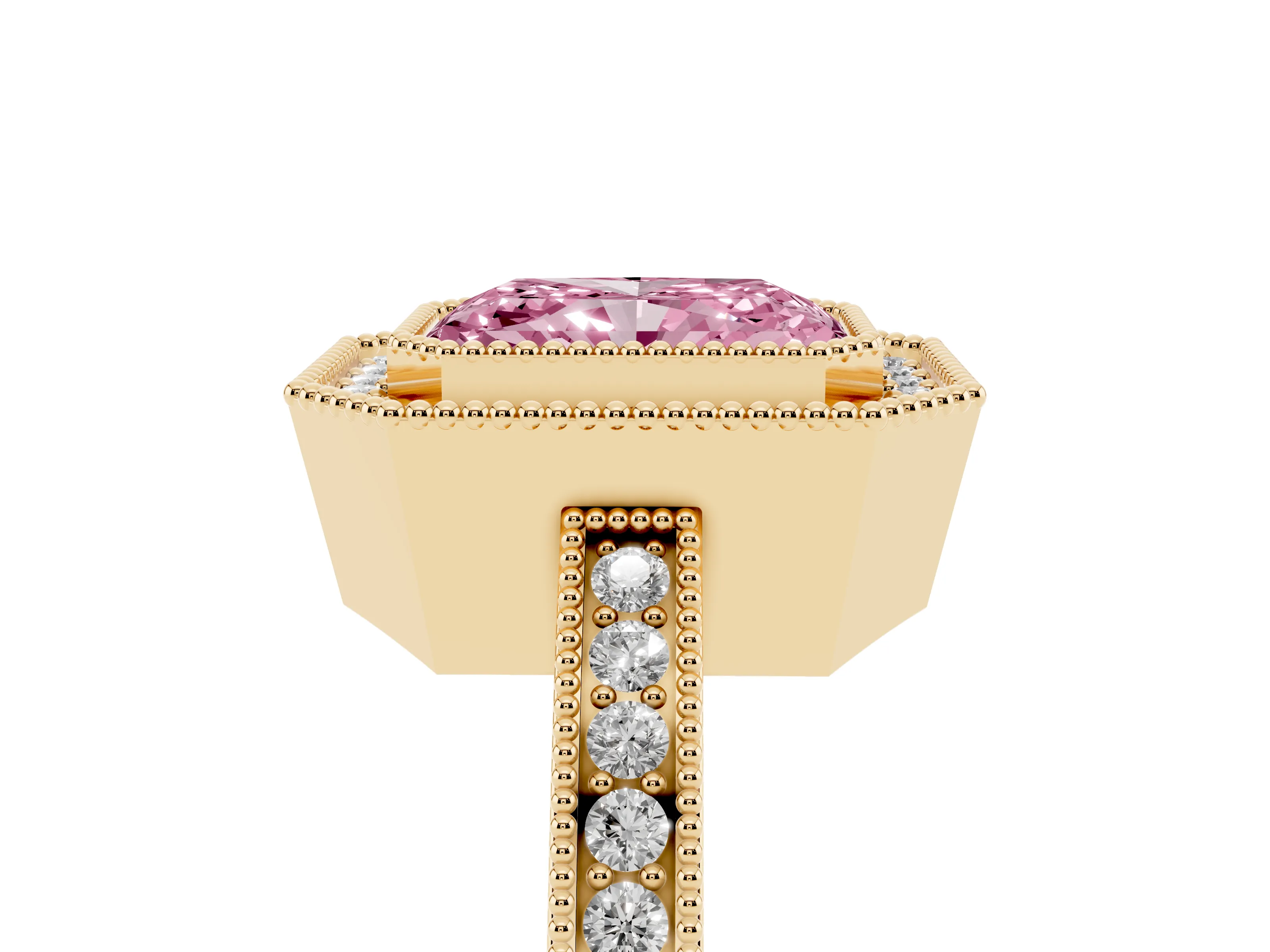 Fancy Pink Radiant Cut Diamond Halo Ring Set in Yellow gold with Pavé Band and Milgrain-Edged Prongs