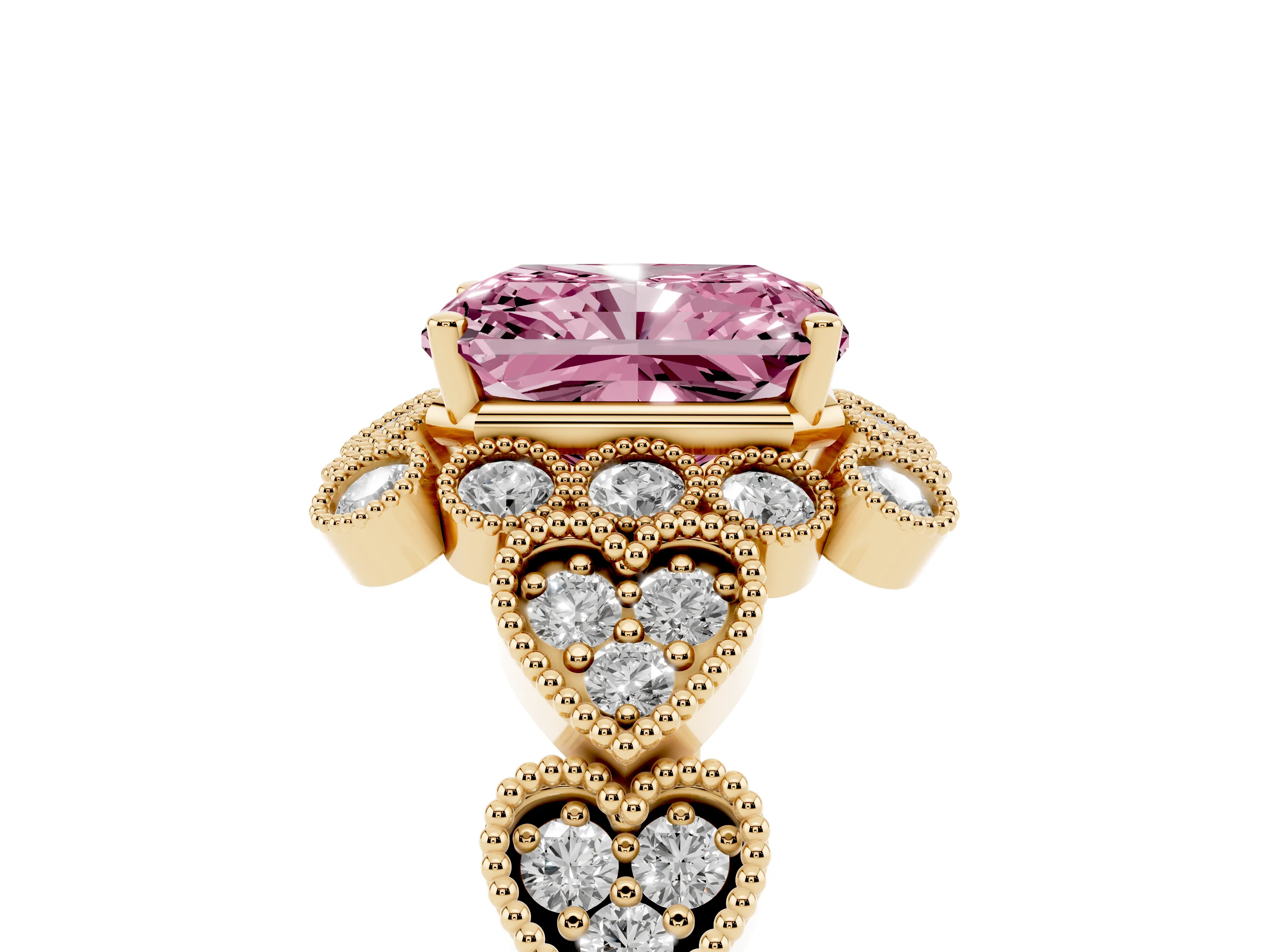 Fancy Pink Radiant Cut Diamond Solitaire Ring Set in Yellow gold with Milgrain Pavé Heart Band