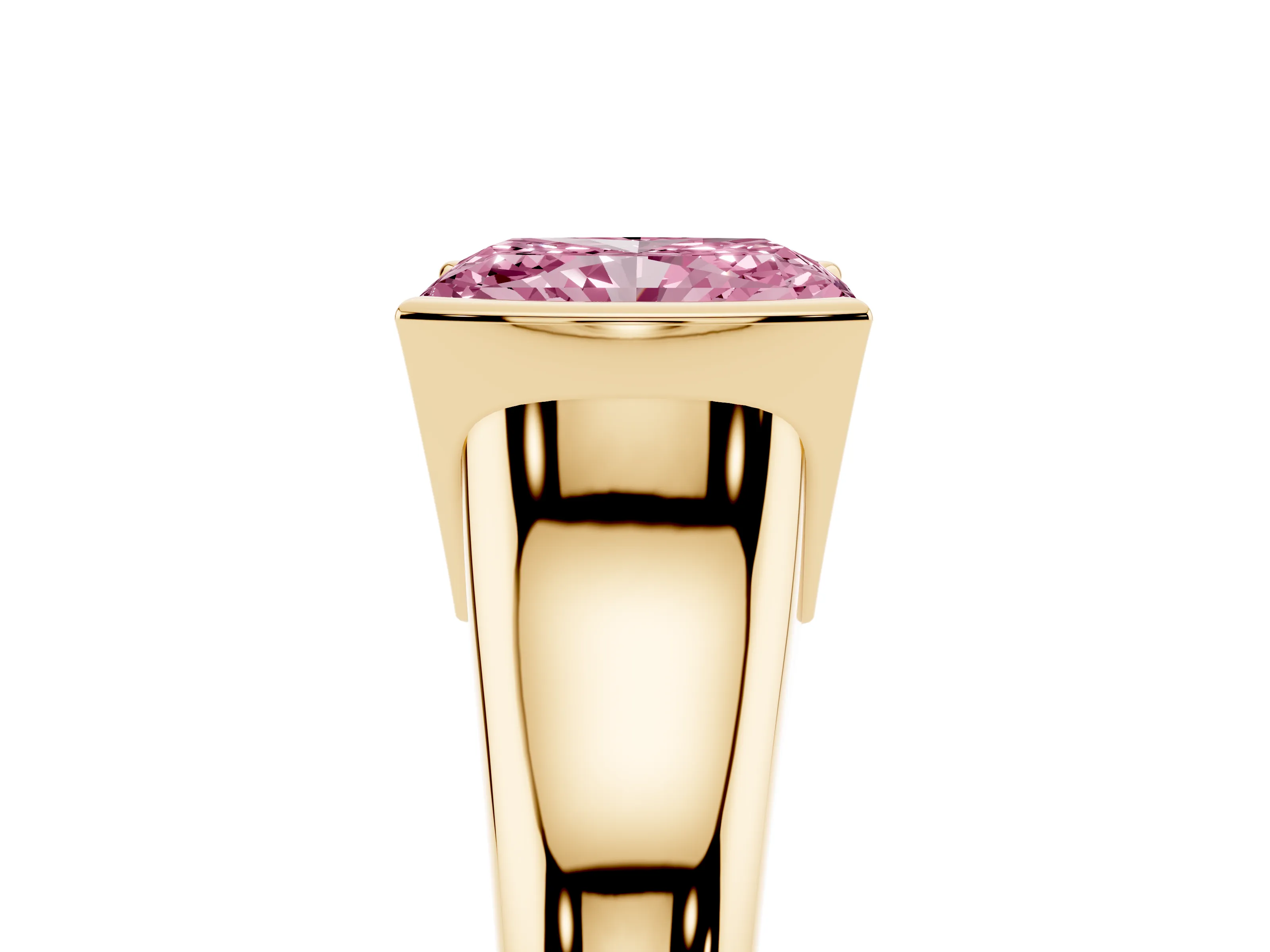 Fancy Pink Radiant Cut Diamond Solitaire Tension Set Ring Set in Yellow gold with Split Shank Band