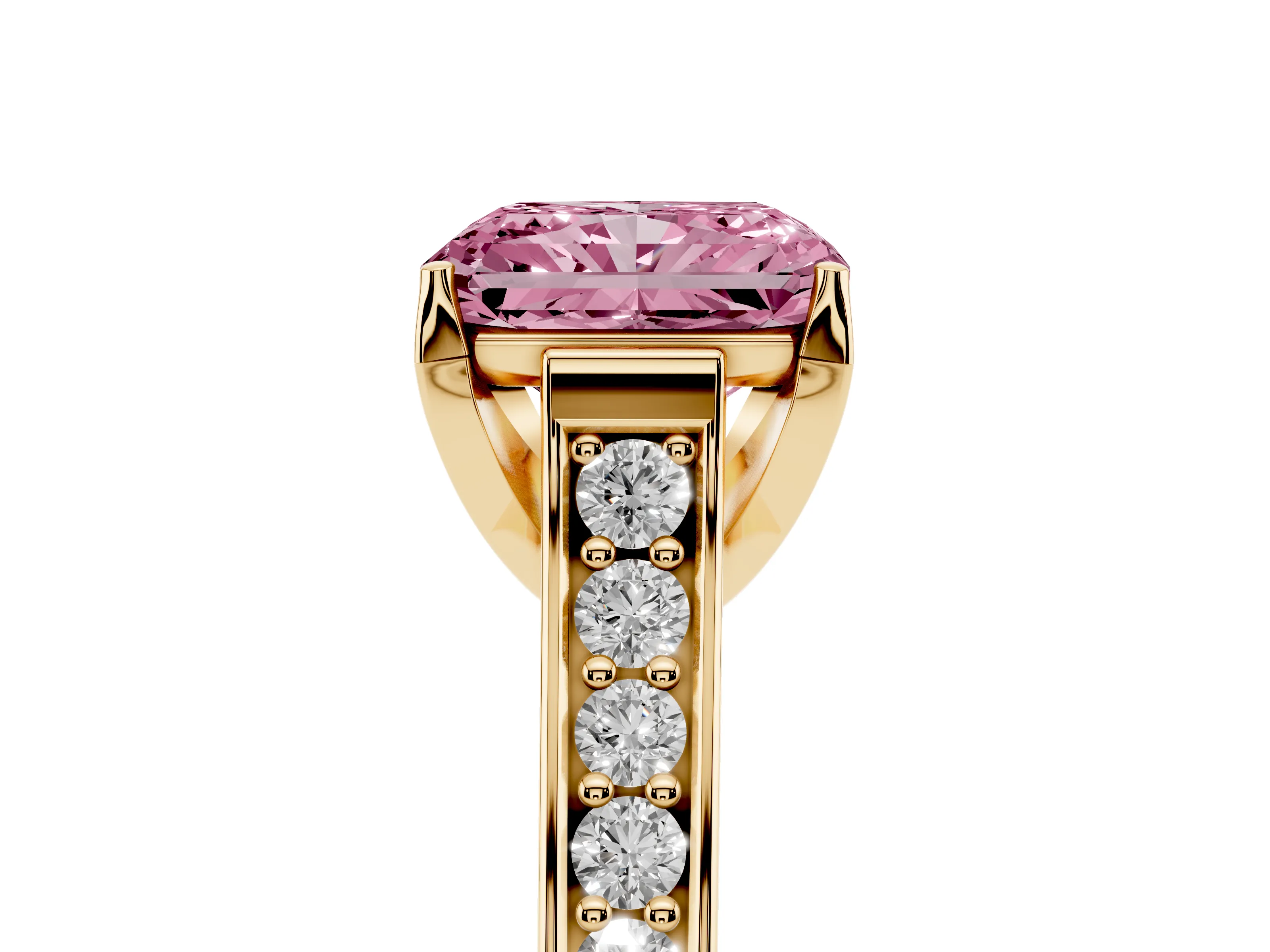 Fancy Pink Radiant Cut Diamond Solitaire Pavé Engagement Ring Set in Yellow gold with Prong Setting