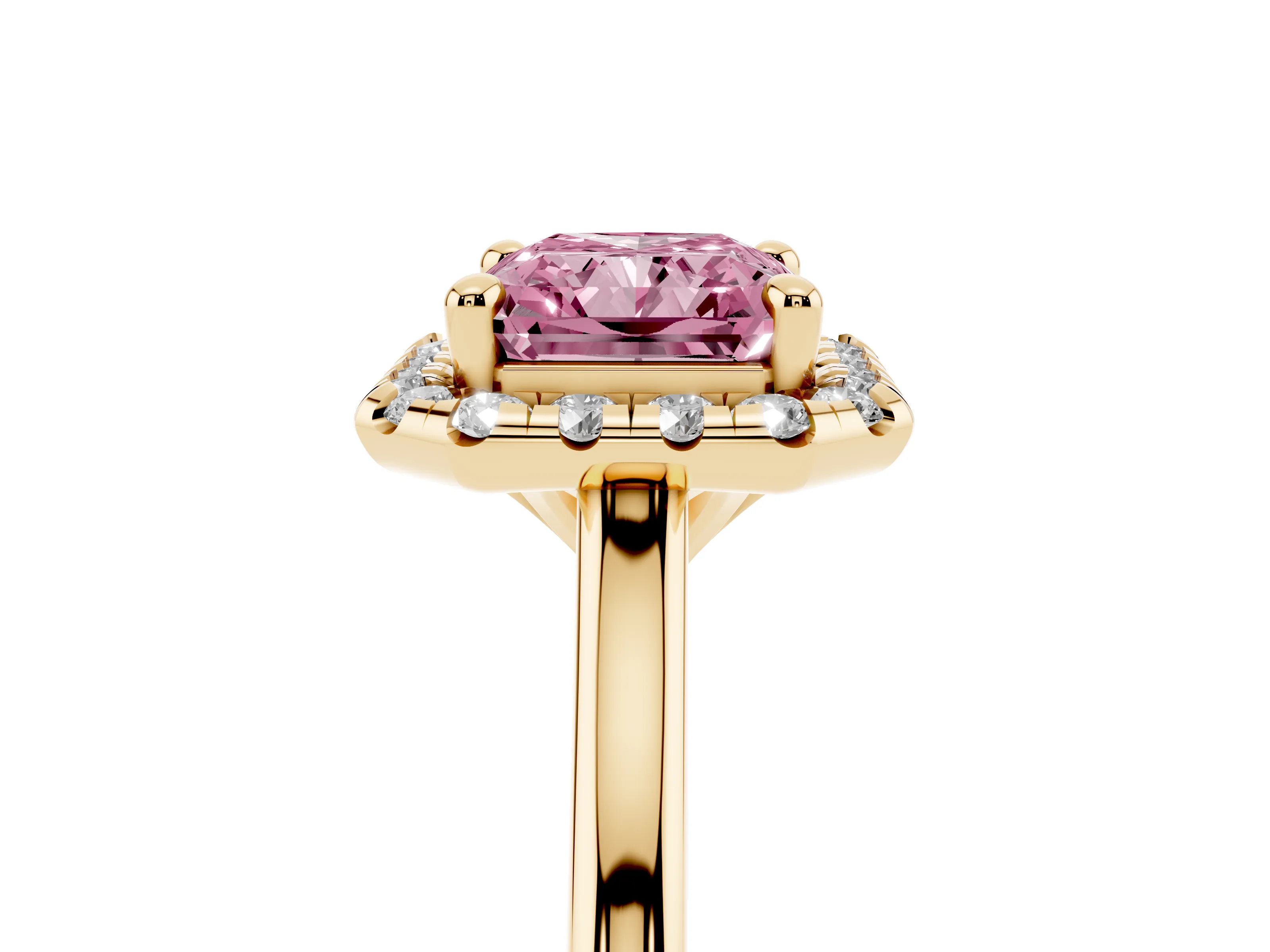 Fancy Pink Radiant Cut Diamond Halo Engagement Ring Set in Yellow gold with Pavé Band and Rising Shoulders