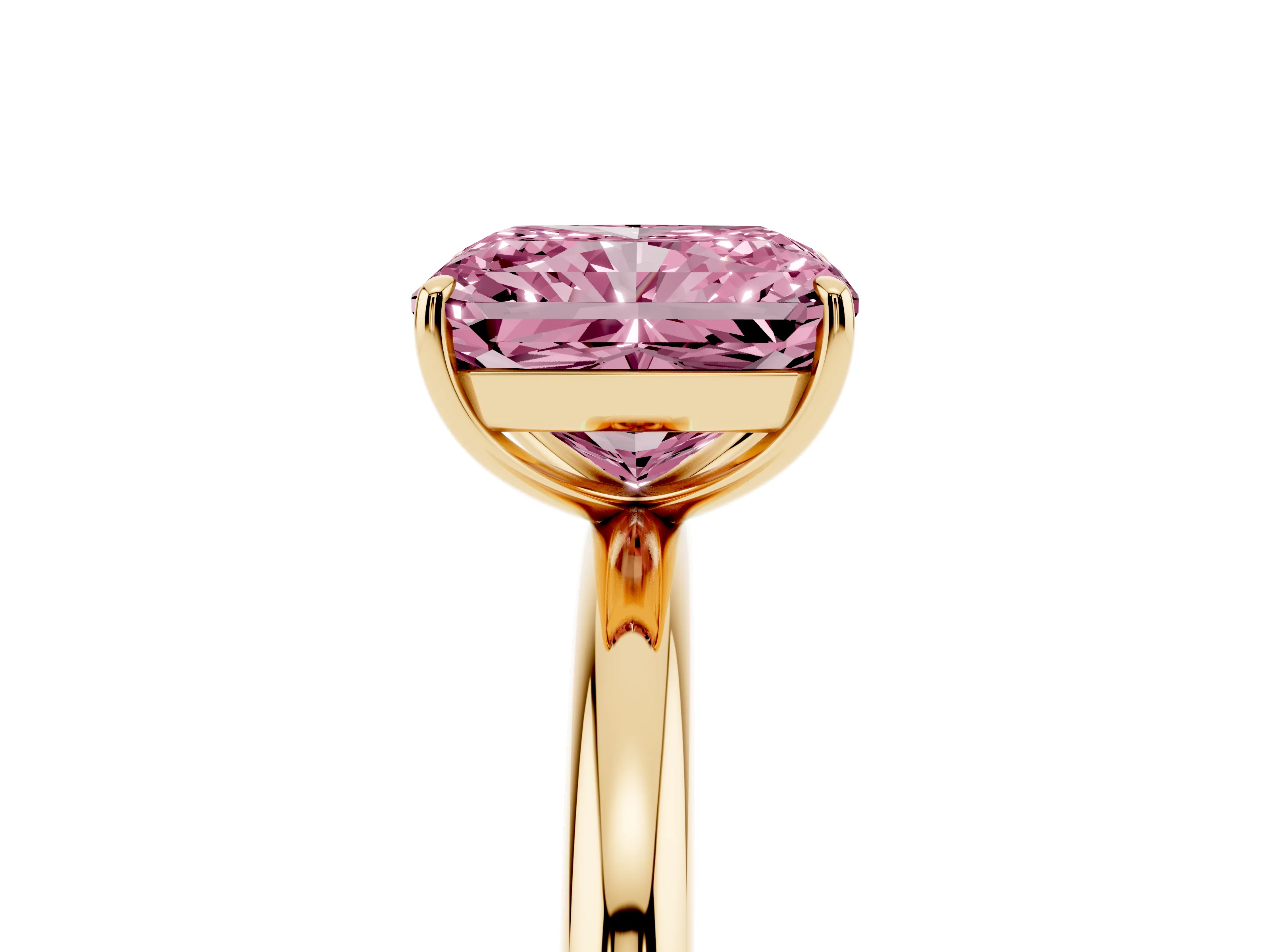 Fancy Pink Radiant Cut Diamond Solitaire Ring Set in Yellow gold with Prong Setting on a Polished Plain Band