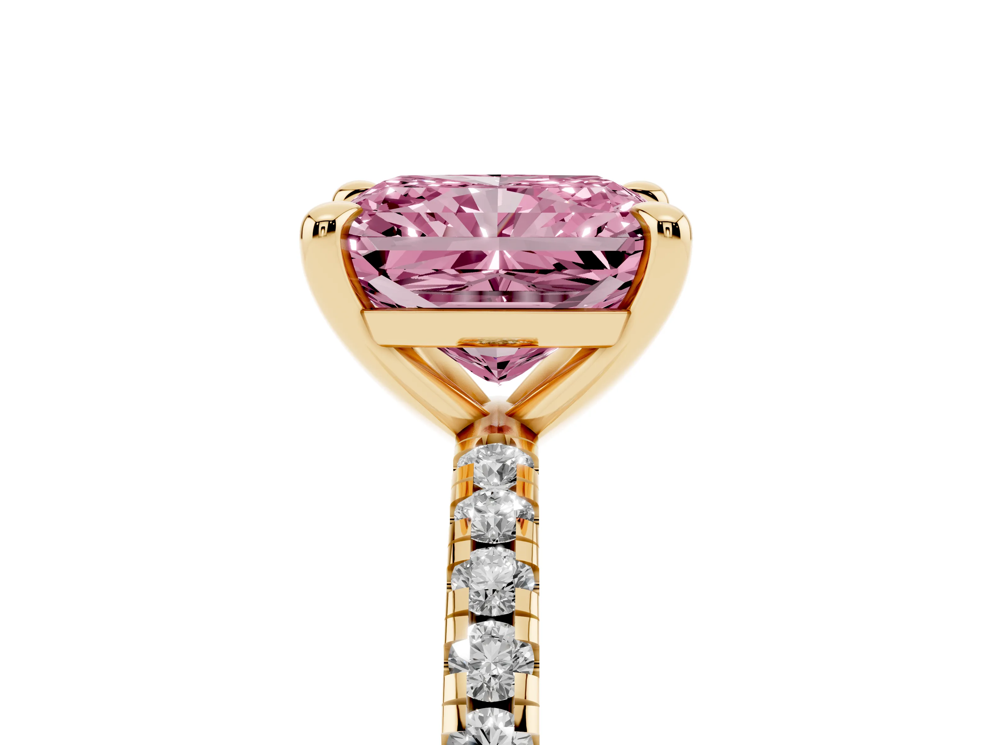 Fancy Pink Radiant Cut Diamond Brilliant Solitaire Ring Set in Yellow gold with Pavé Band and Prong Setting
