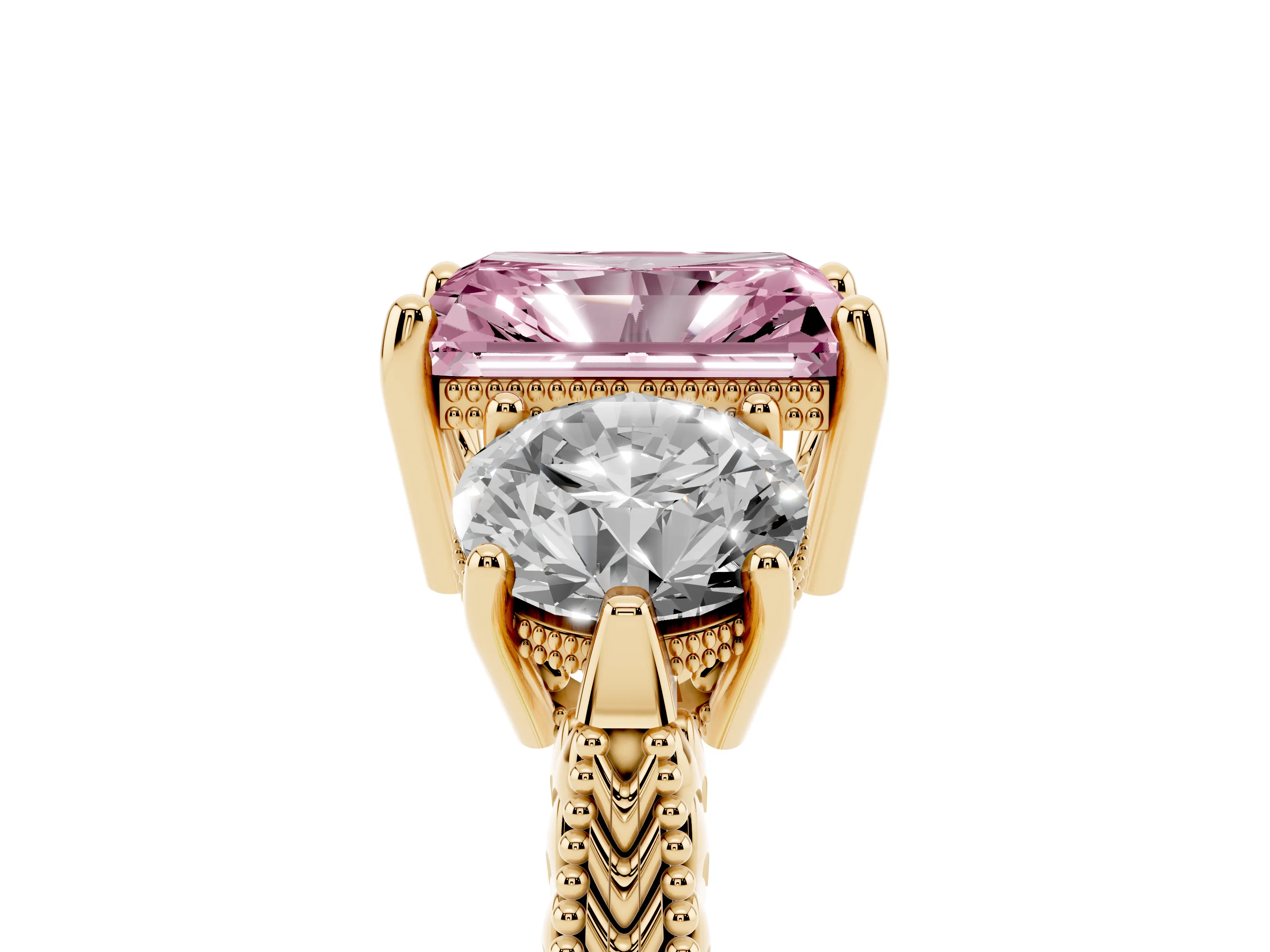 Fancy Pink Radiant Cut Diamond Three-Stone Ring Set in Yellow gold with Milgrain Band
