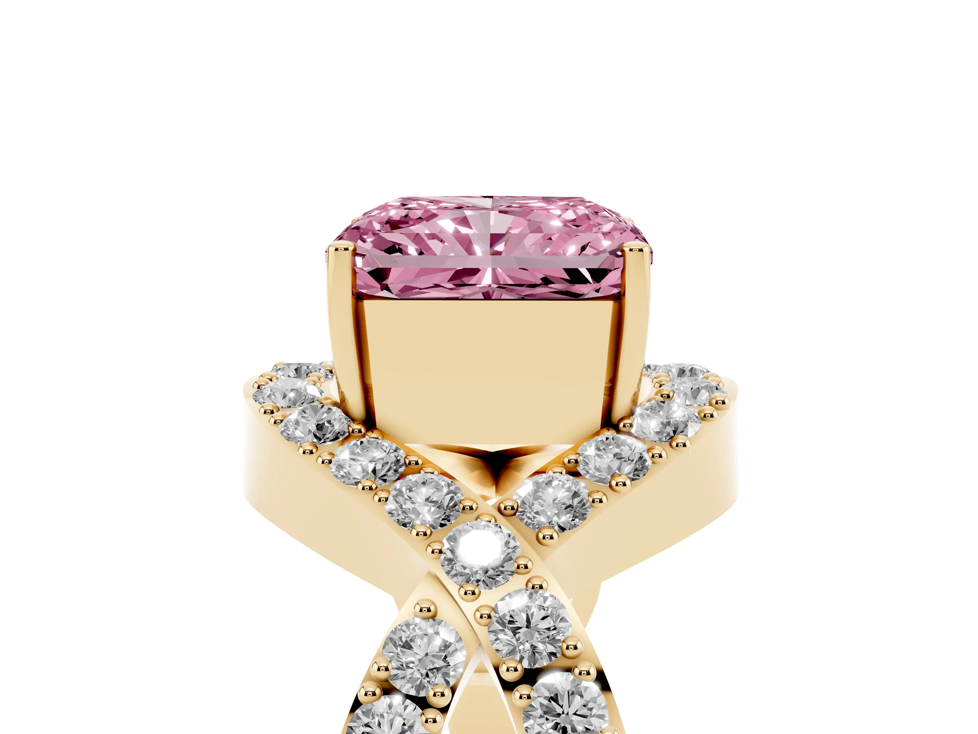 Fancy Pink Radiant Cut Diamond Solitaire Twist Band Pavé Engagement Ring Set in Yellow gold