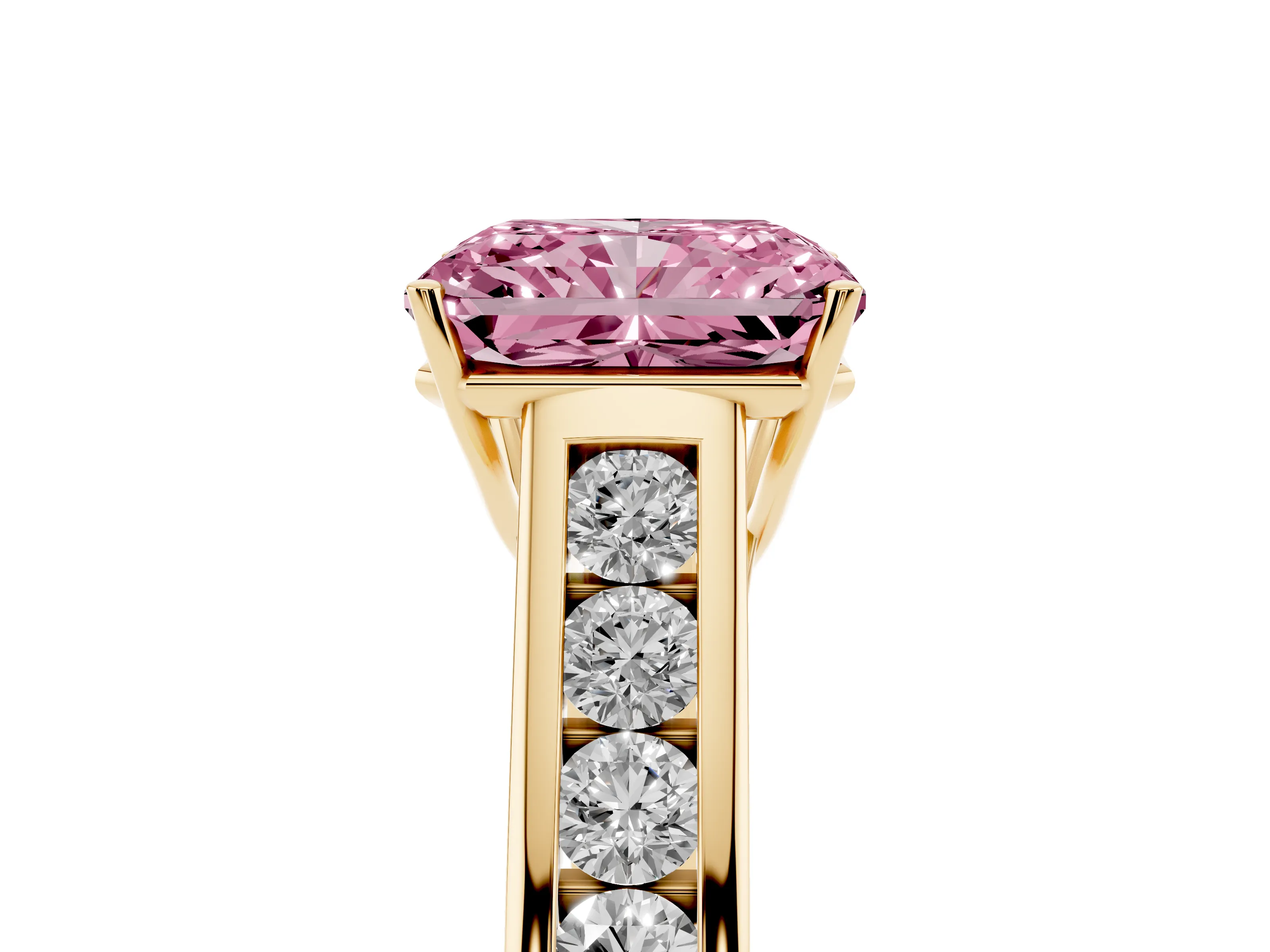 Fancy Pink Radiant Cut Diamond Brilliant Channel-Set Solitaire Ring Set in Yellow gold with Prong Setting