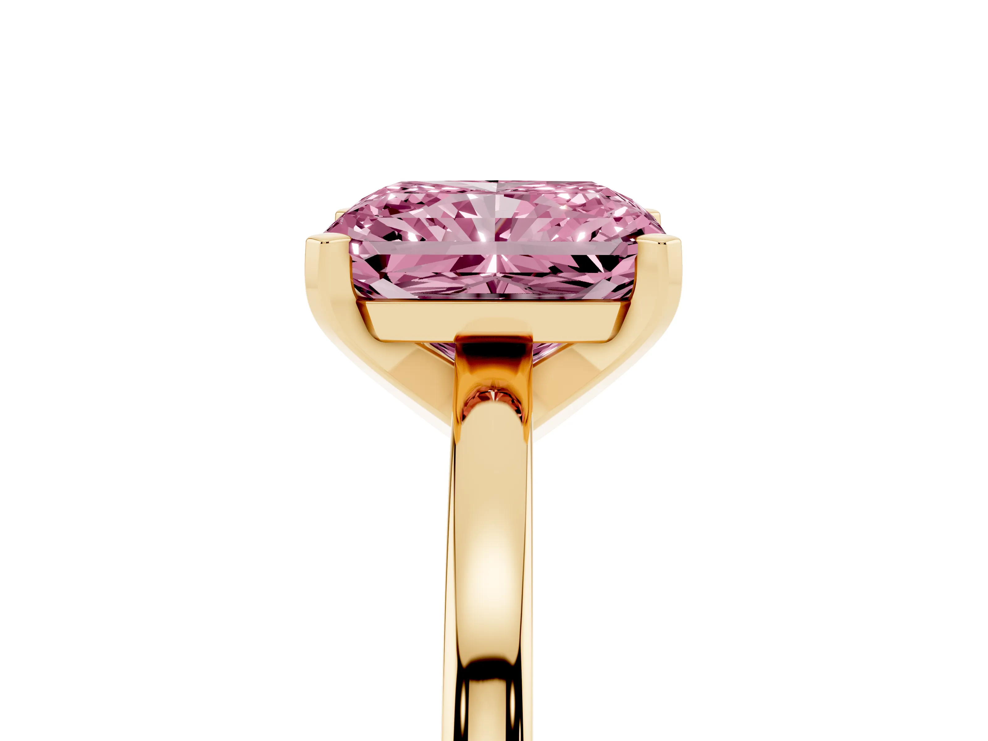 Fancy Pink Radiant Cut Diamond Solitaire Engagement Ring Set in Yellow gold with Prong Setting on a Classic Band