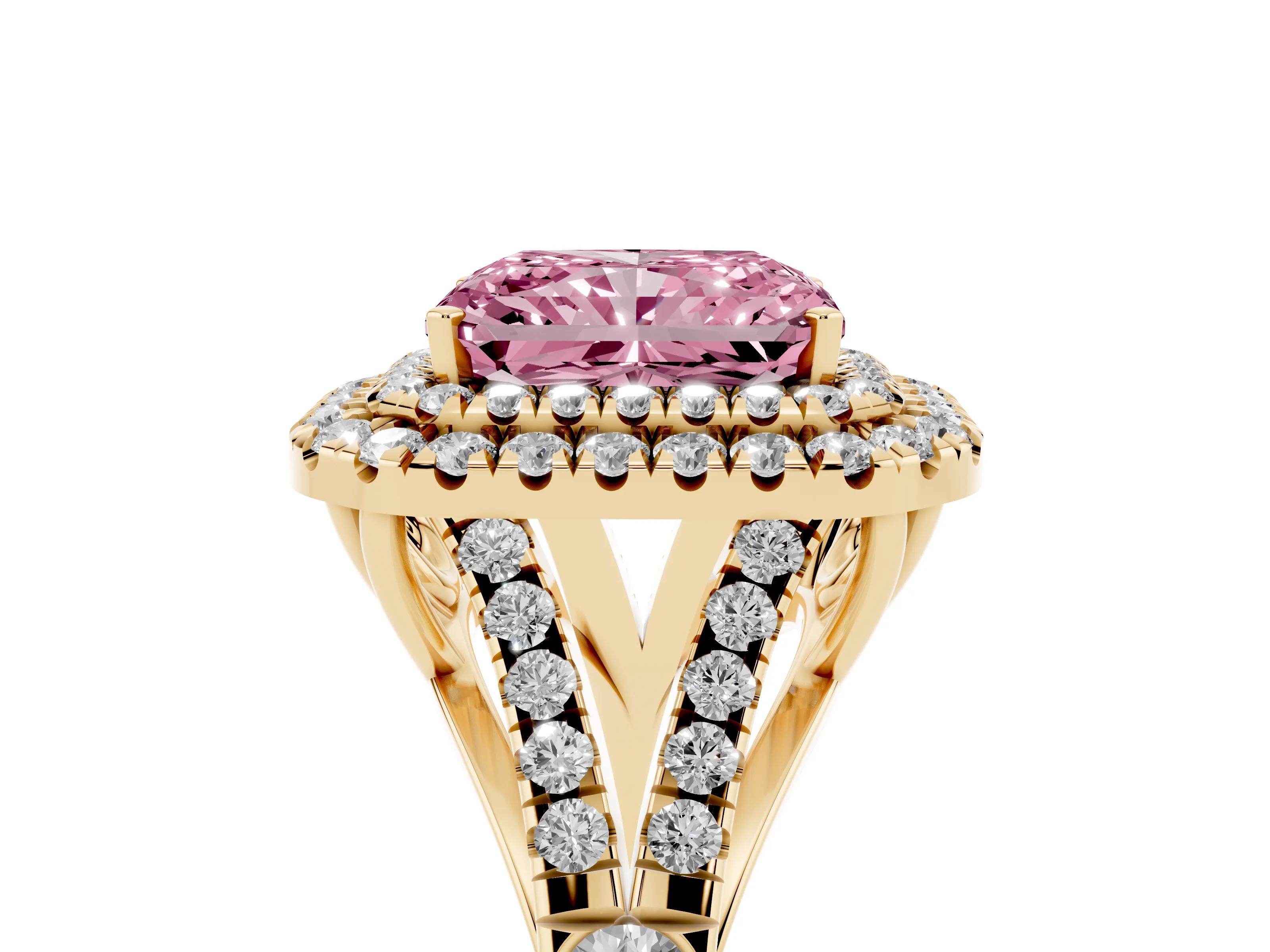 Fancy Pink Radiant Cut Diamond Pavé Split Shank Double Halo Engagement Ring Set in Yellow gold