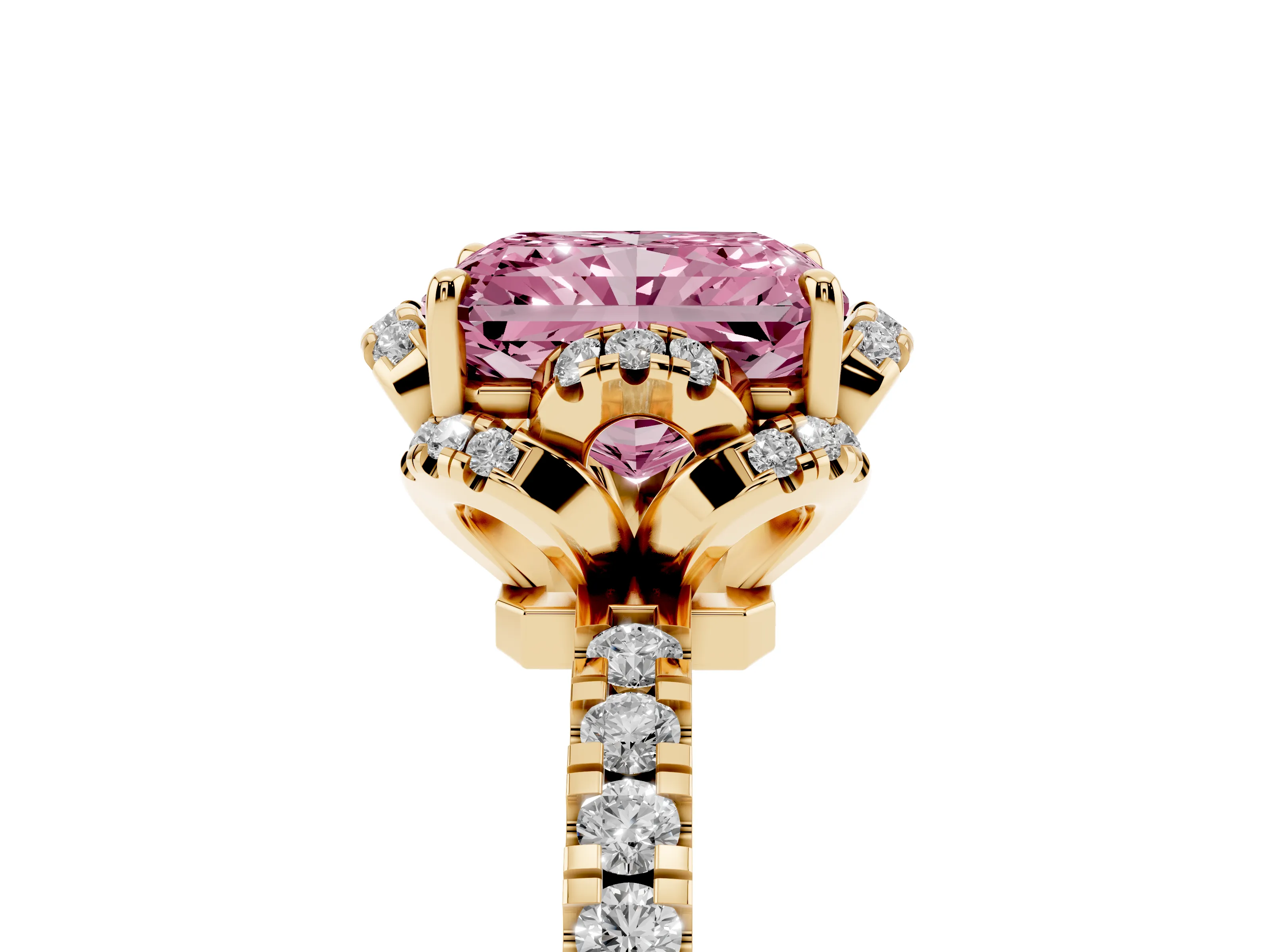 Fancy Pink Radiant Cut Diamond Halo Pavé Band Ring Set in Yellow gold with Prong-Held Center