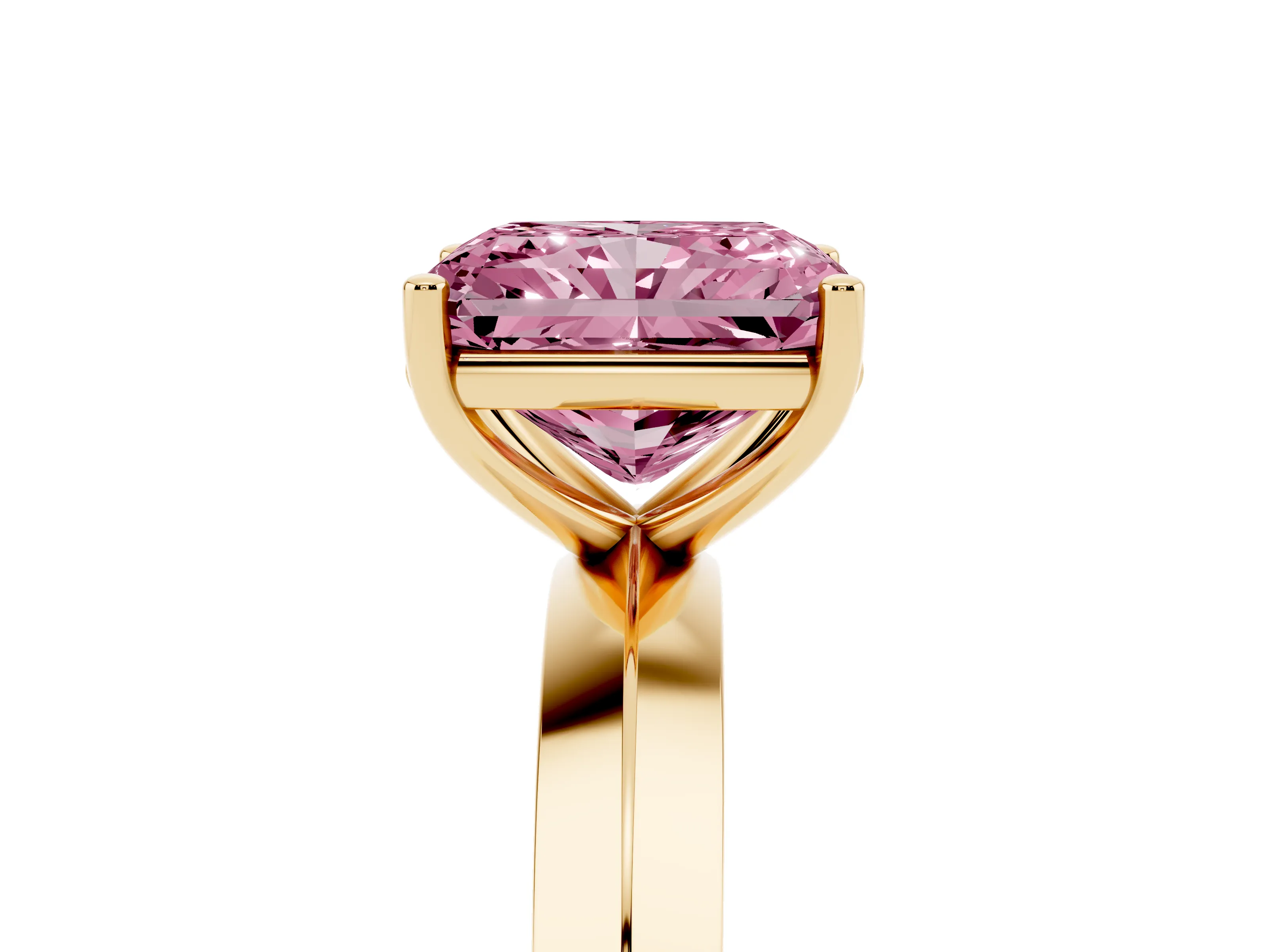 Fancy Pink Radiant Cut Diamond Solitaire Engagement Ring Set in Yellow gold with Flat Band and Prong Setting