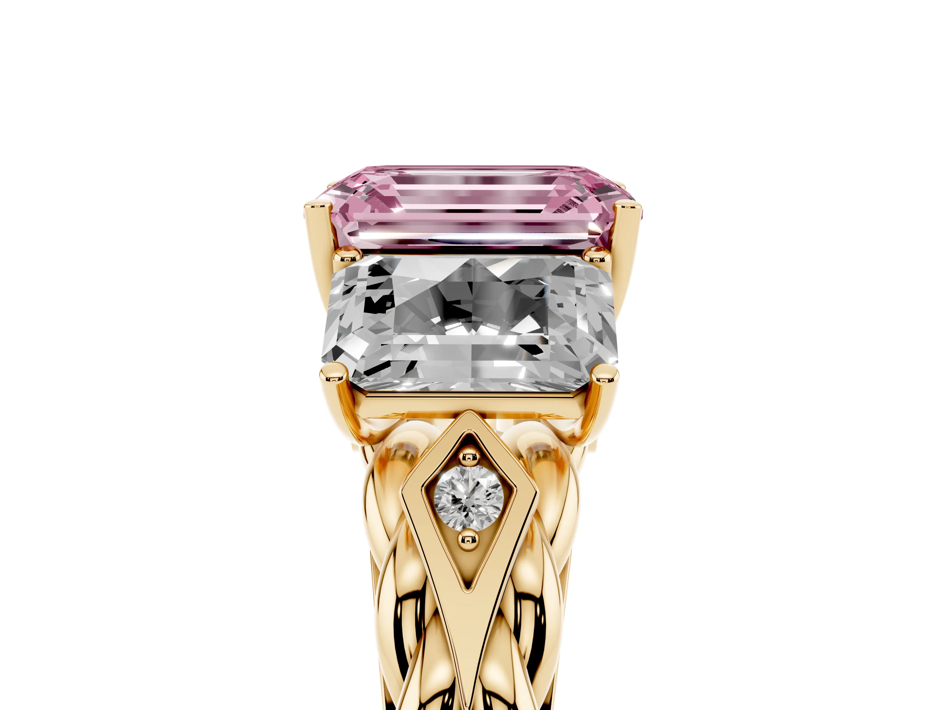 Fancy Pink Radiant Cut Diamond Three-Stone Ring Set in Yellow gold with Braided Band