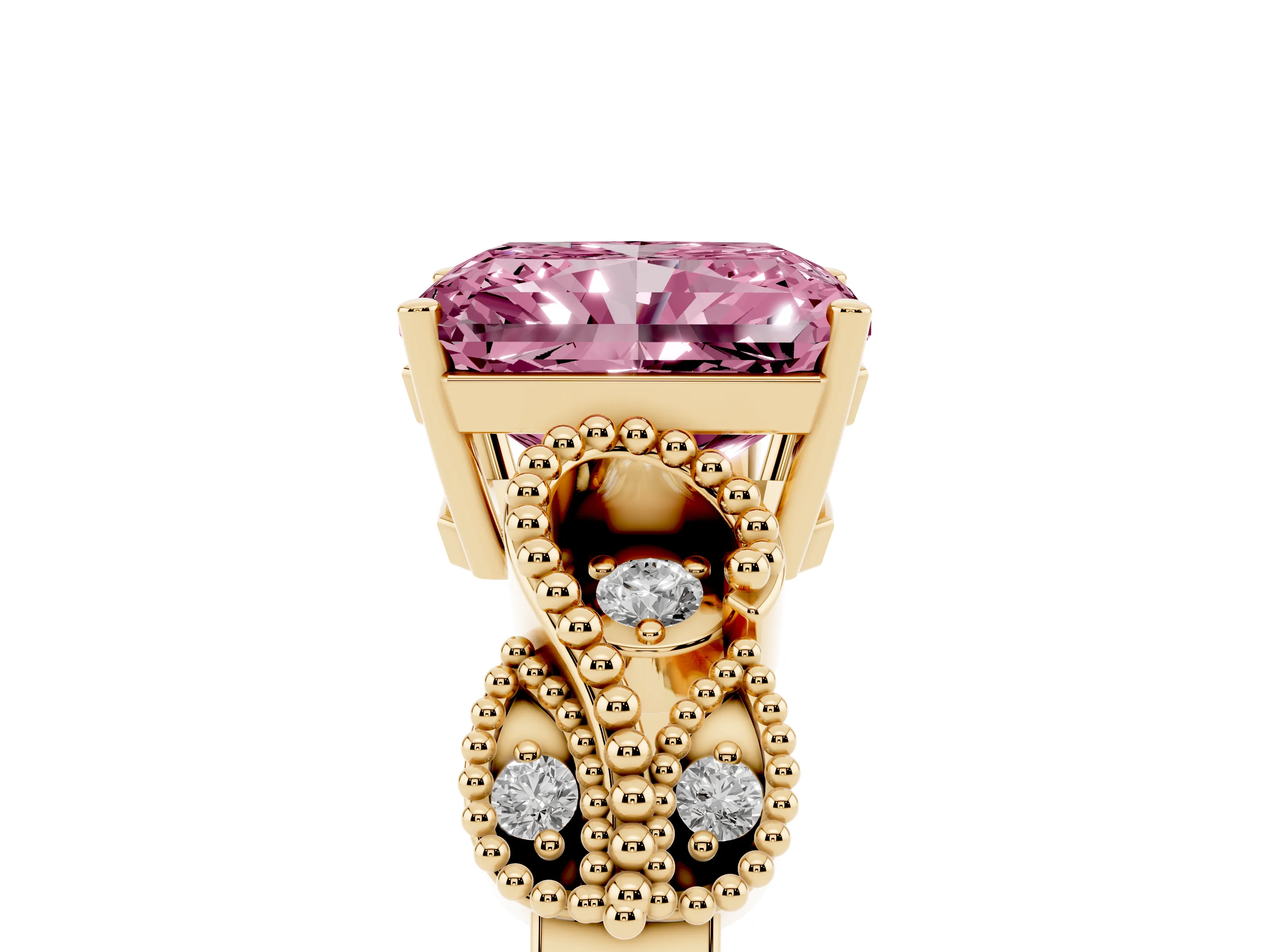 Fancy Pink Radiant Cut Diamond Milgrain Leaf Band Solitaire Ring Set in Yellow gold with Accent Stones and Prong Setting