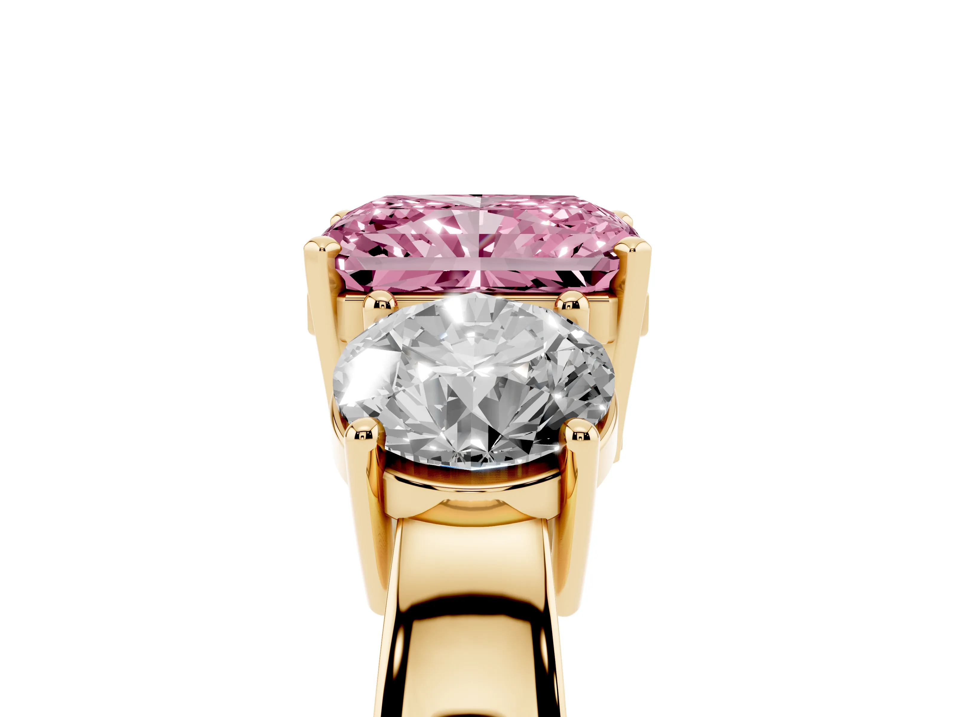 Fancy Pink Radiant Cut Diamond Three-Stone Ring Set in Yellow gold with Round Side Stones and Classic Band