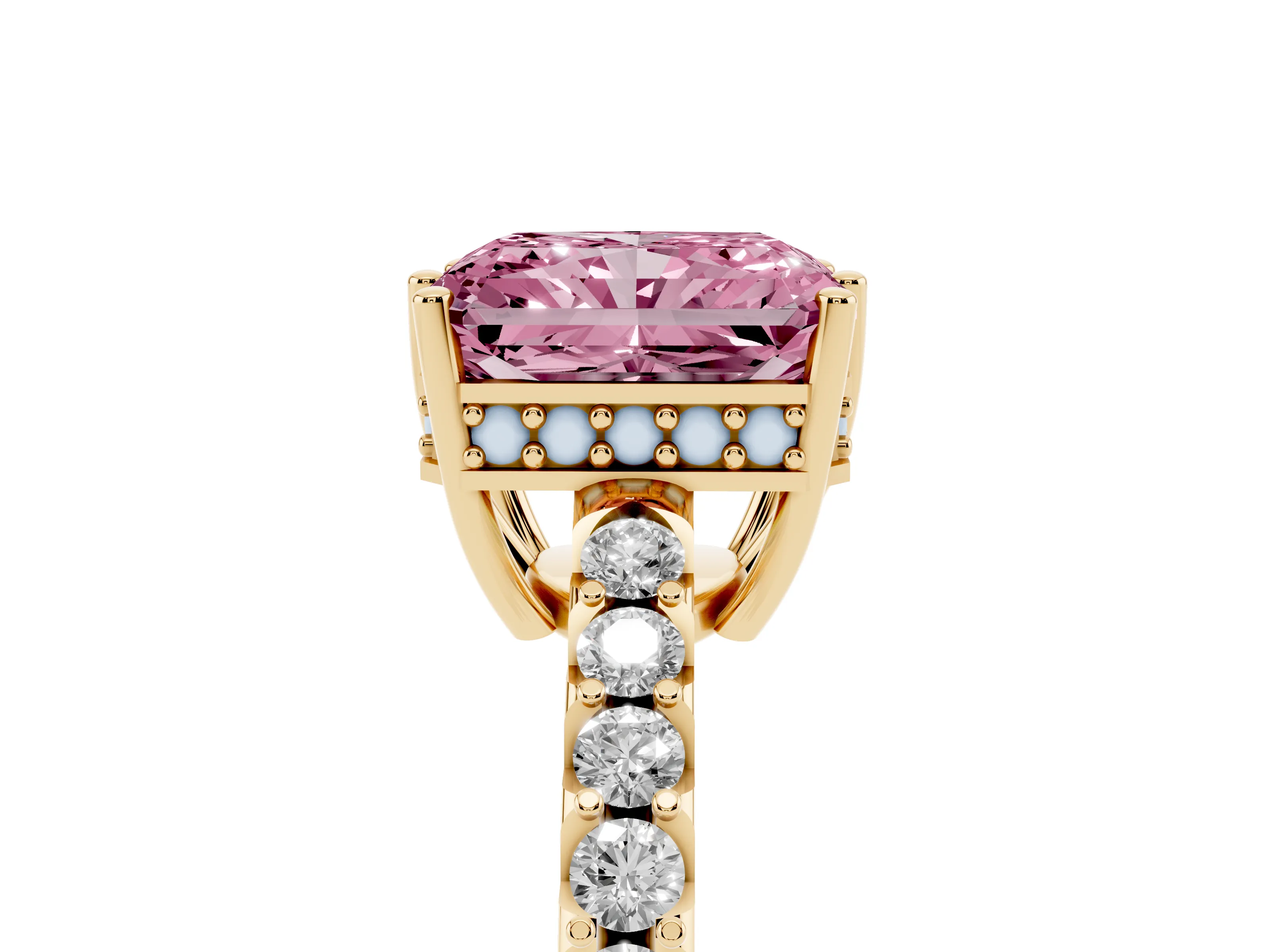 Fancy Pink Radiant Cut Diamond Solitaire Engagement Ring Set in Yellow gold with Pavé Band and Prong Setting
