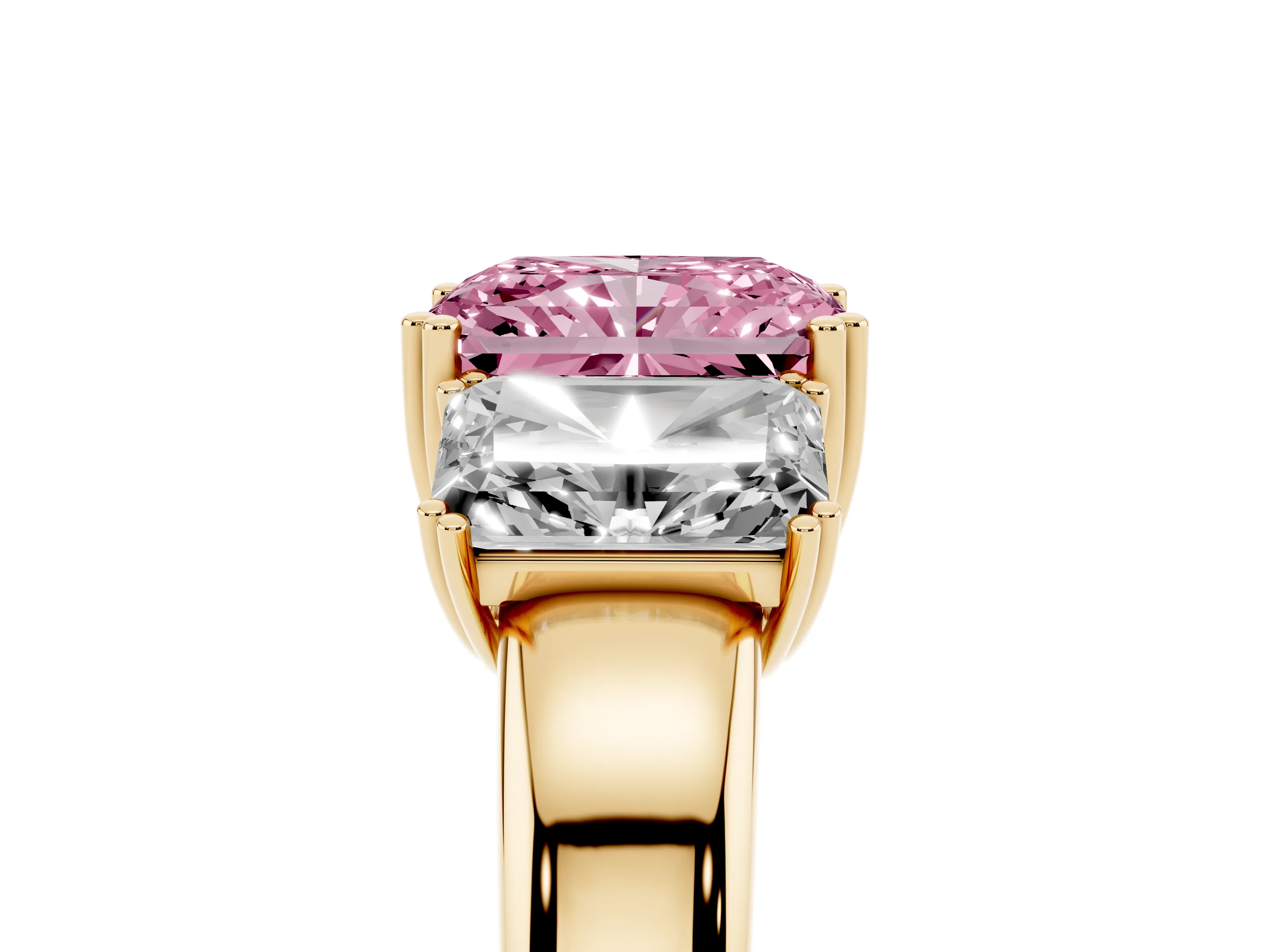 Fancy Pink Radiant Cut Diamond Three-Stone Ring Set in Yellow gold with Polished Channel-Set Band
