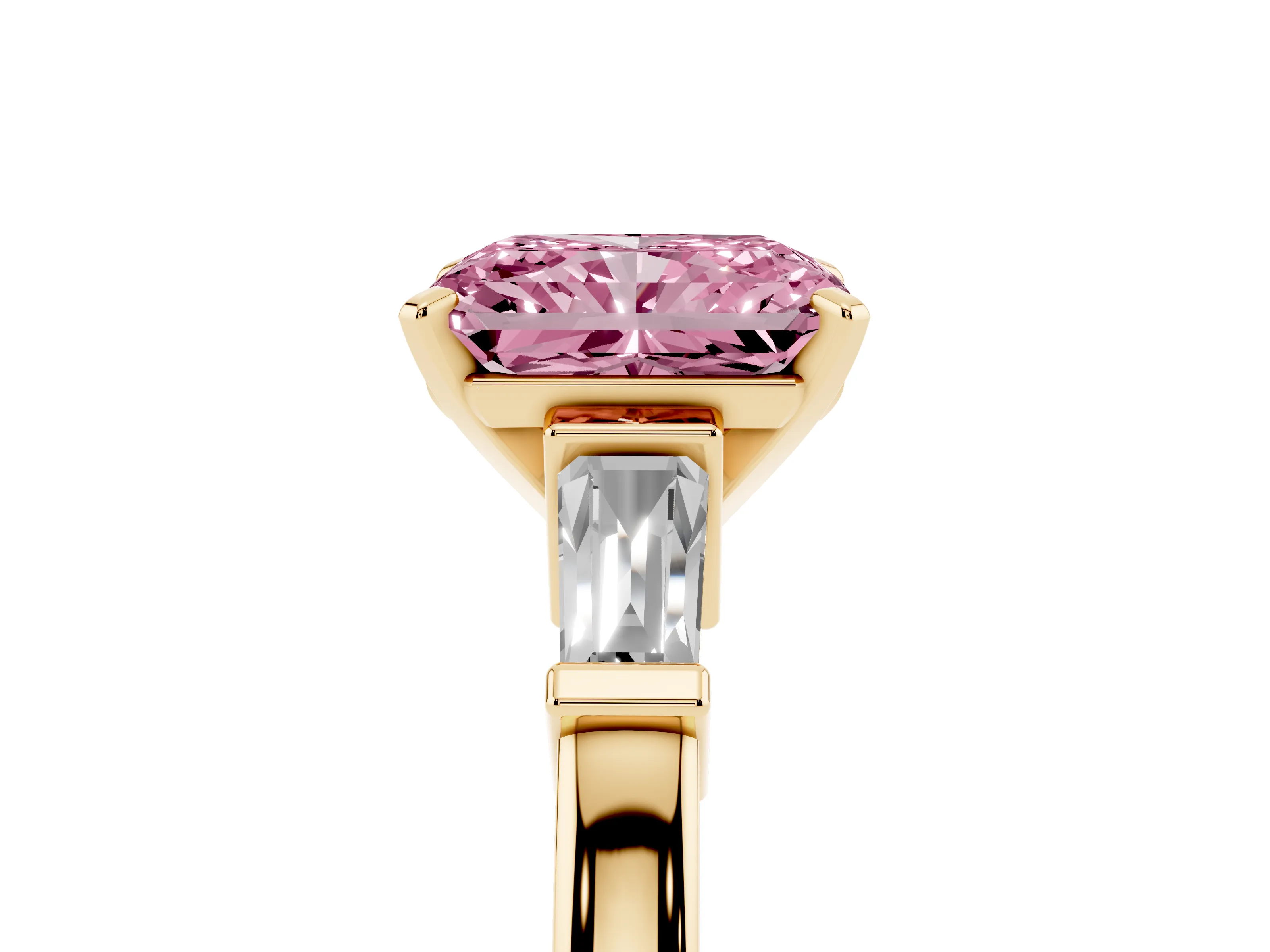 Fancy Pink Radiant Cut Diamond Solitaire Ring Set in Yellow gold with Tapered Baguette Accents and Prong Setting