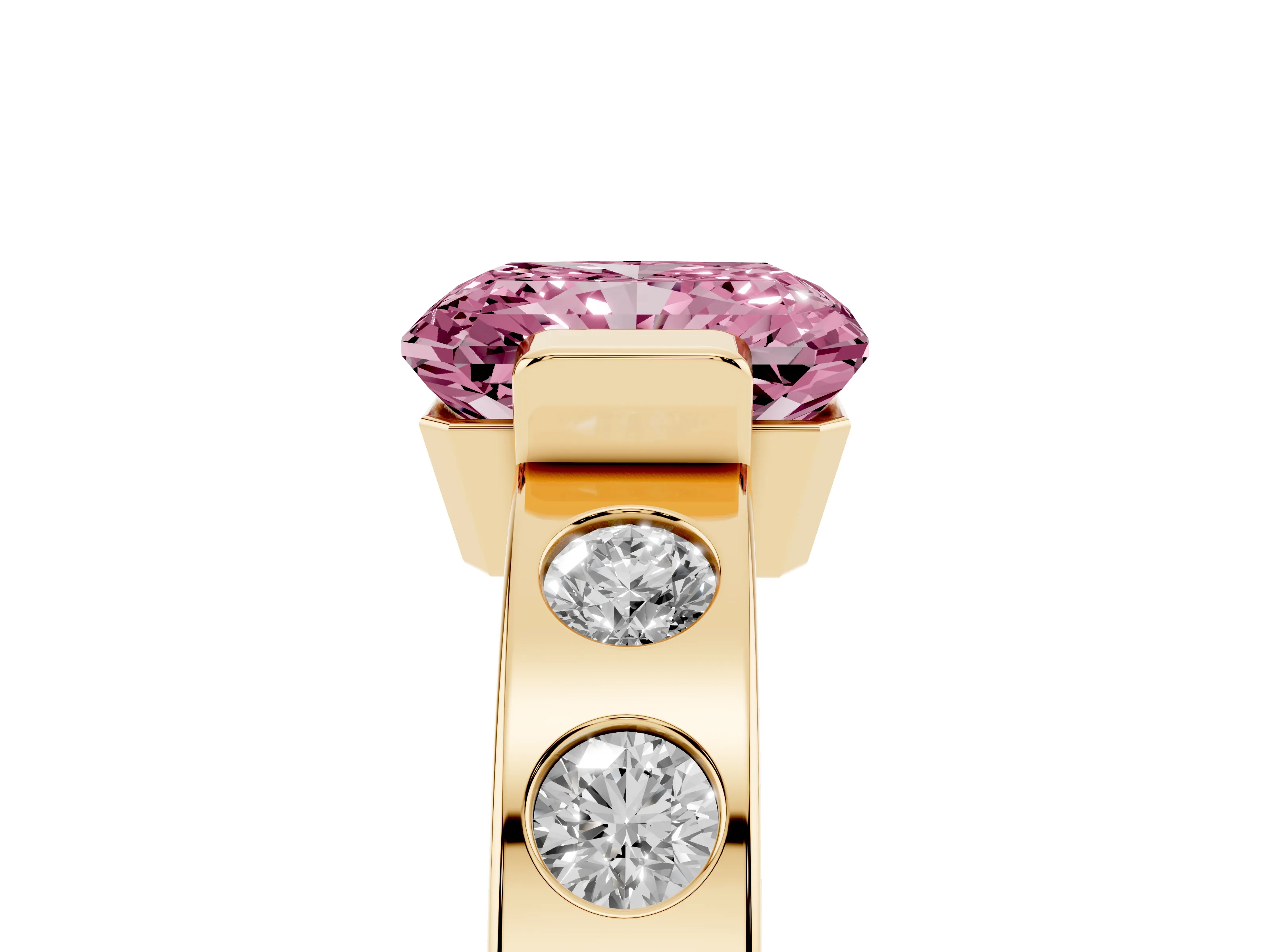 Fancy Pink Radiant Cut Diamond Channel-Set Band Ring Set in Yellow gold with Bezel Prong Setting