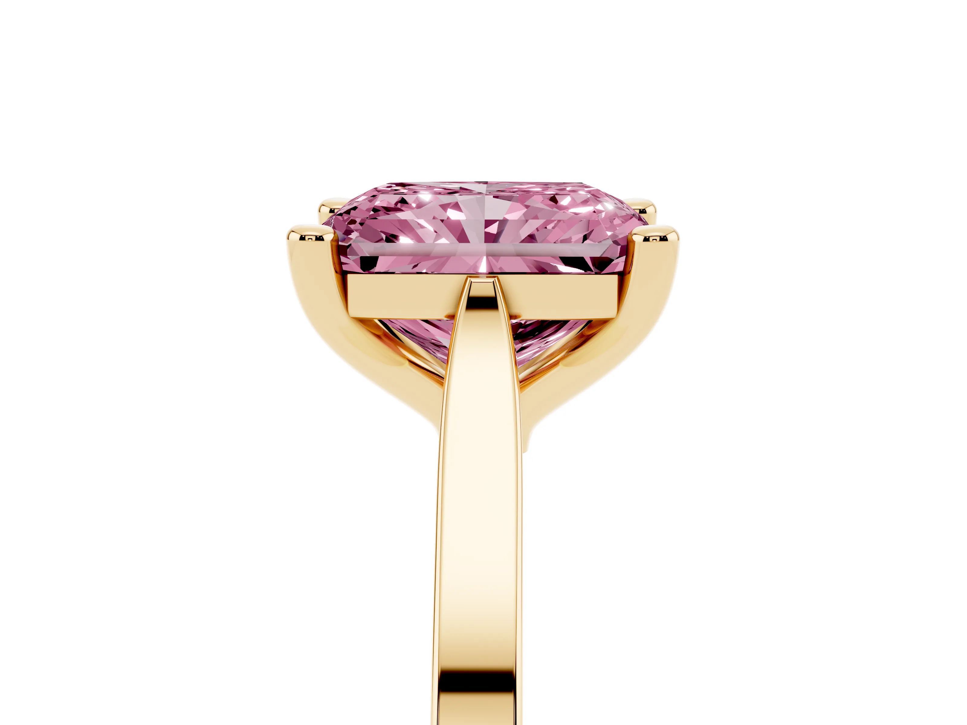 Fancy Pink Radiant Cut Diamond Solitaire Ring Set in Yellow gold with Prong Setting and Tapered Band