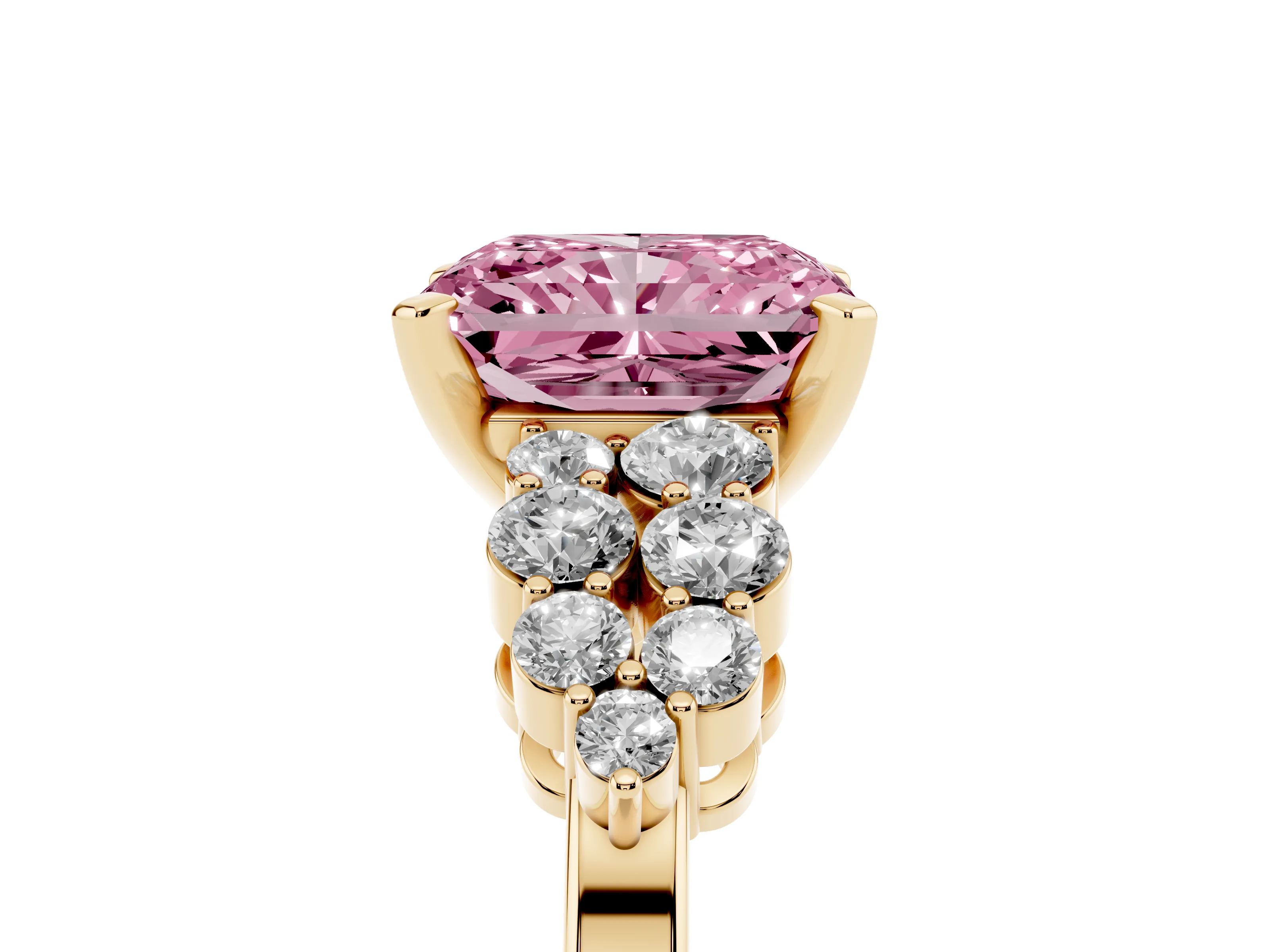 Fancy Pink Radiant Cut Diamond Cluster Engagement Ring Set in Yellow gold with Pavé Band and Prong Setting