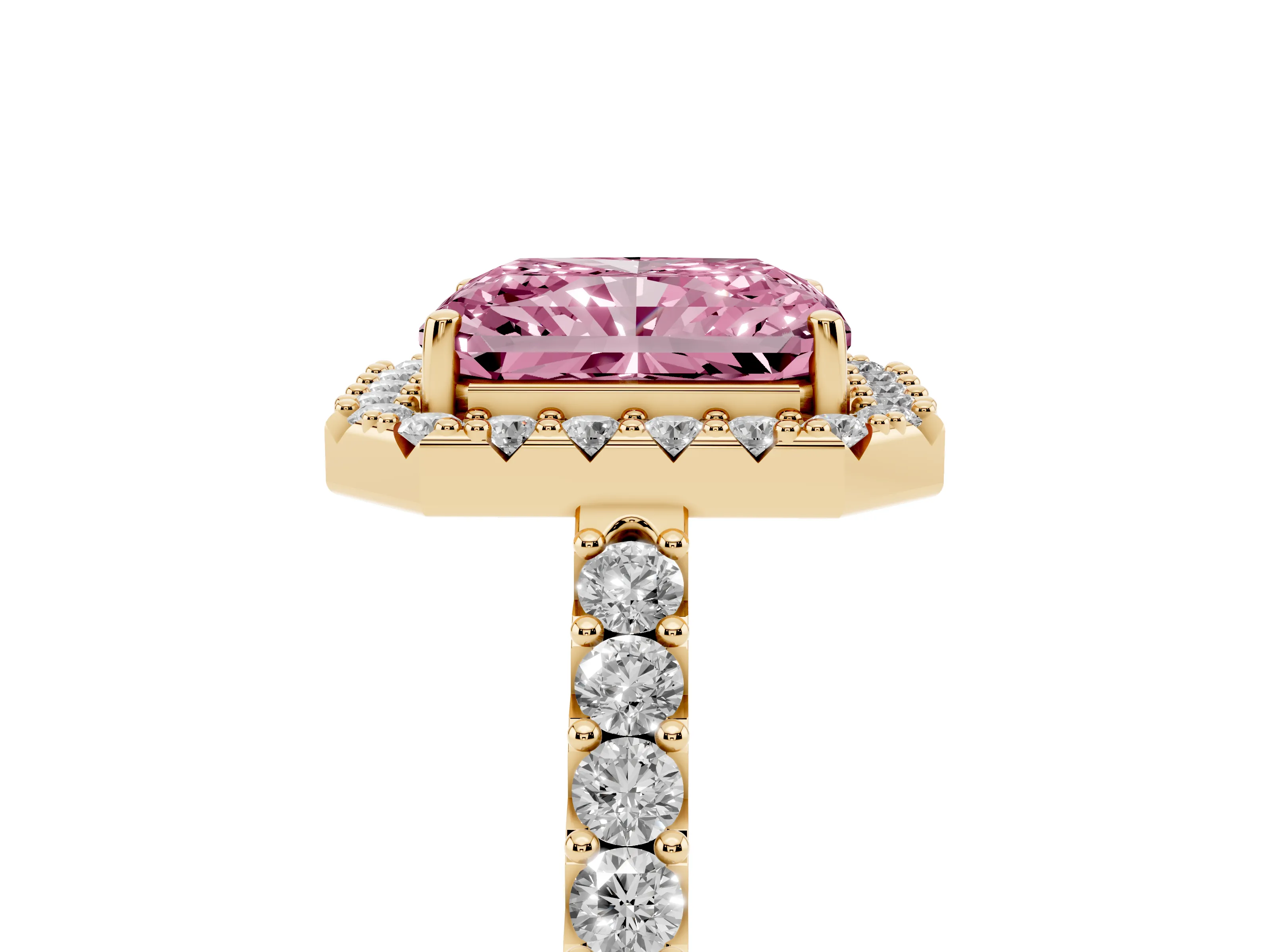 Fancy Pink Radiant Cut Diamond Halo Pavé Solitaire Ring Set in Yellow gold with Prong-Set Center Stone