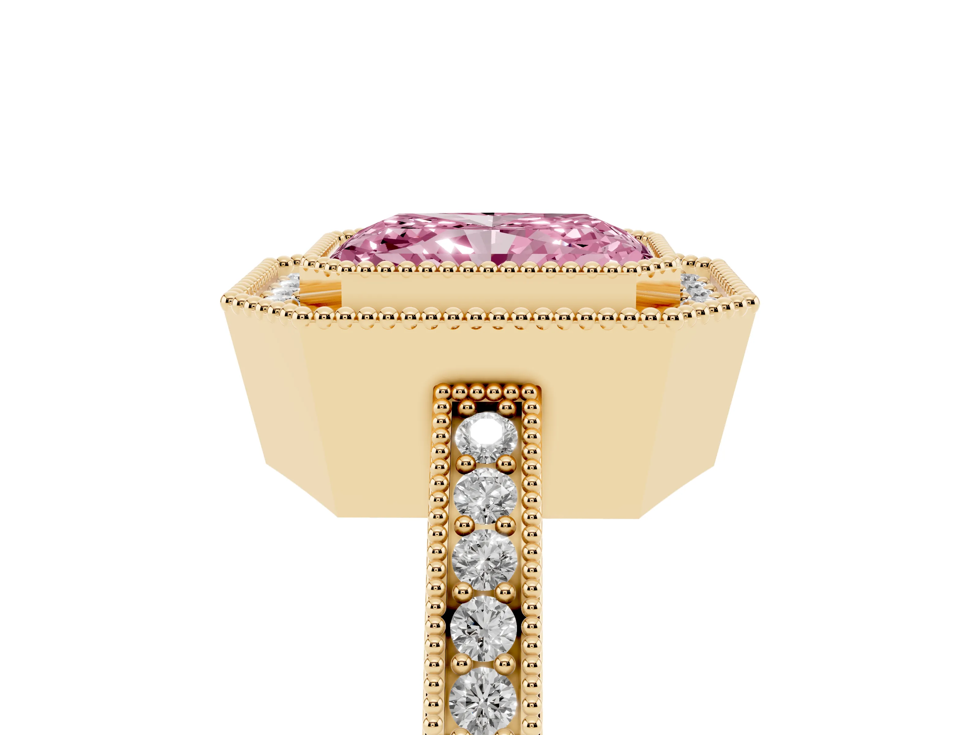 Fancy Pink Radiant Cut Diamond Round Halo Ring Set in Yellow gold with Pavé Band