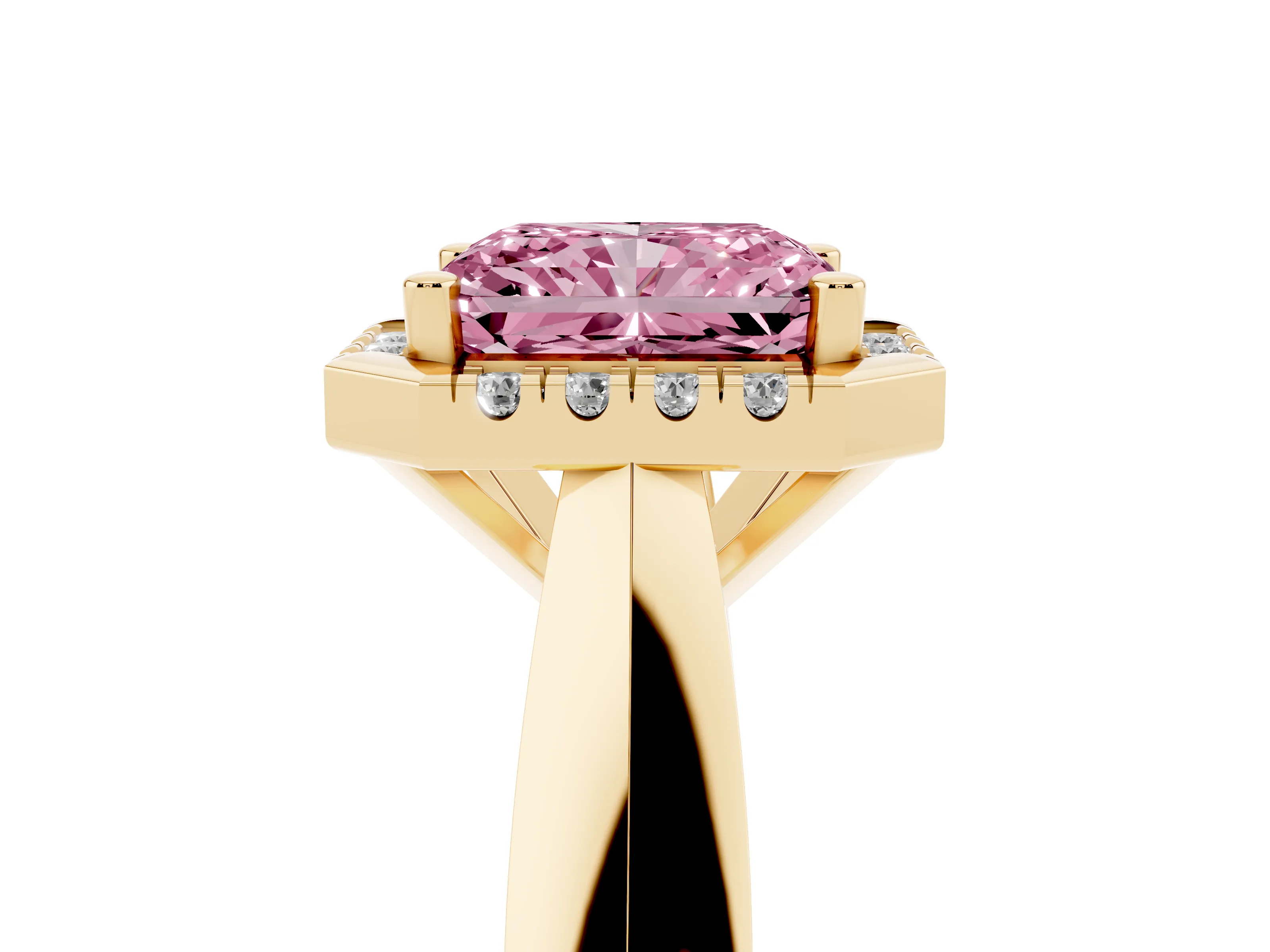 Fancy Pink Radiant Cut Diamond Halo Solitaire Engagement Ring Set in Yellow gold with Square Band and Prong Setting