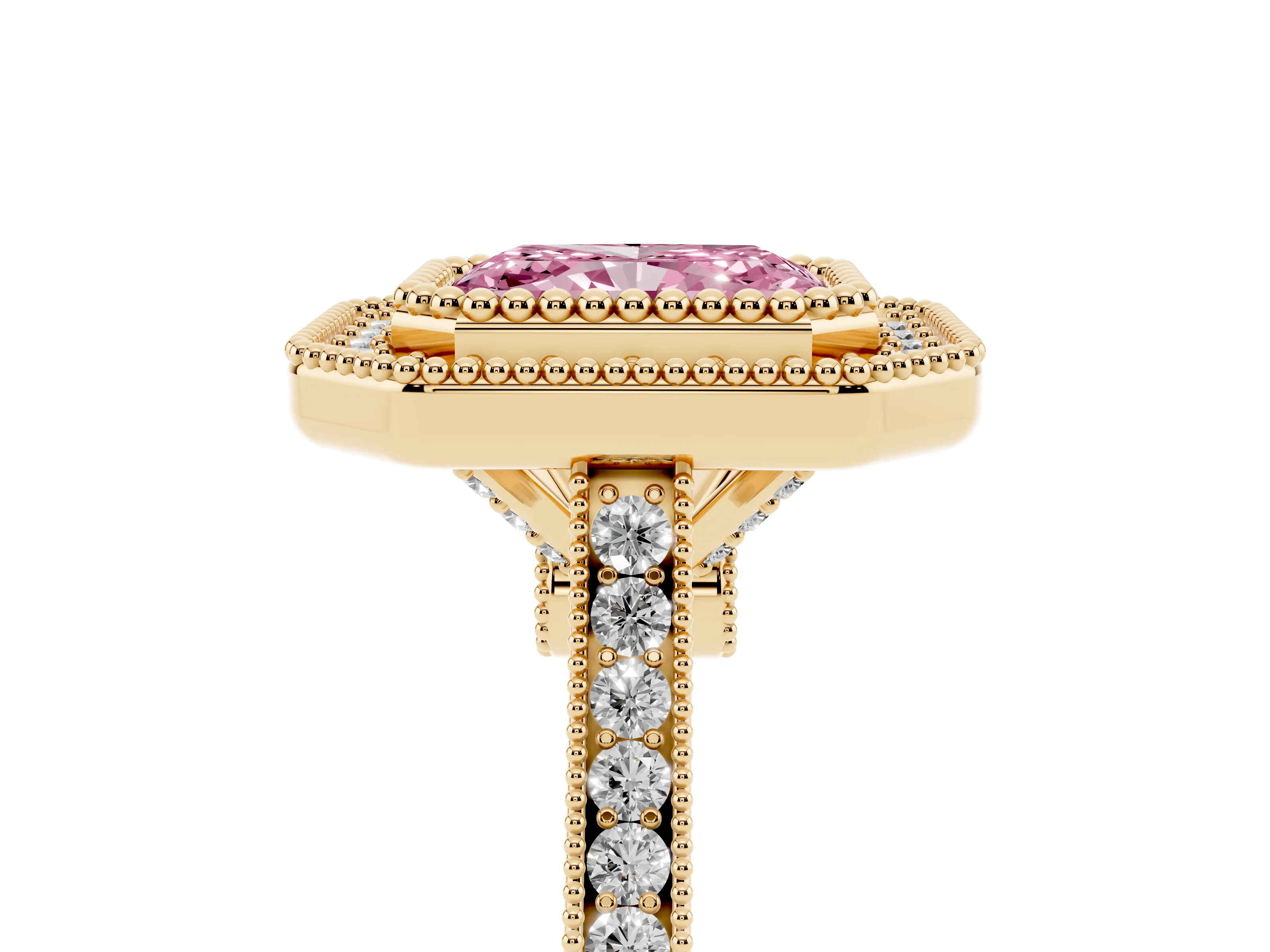 Fancy Pink Radiant Cut Diamond Halo Ring Set in Yellow gold with Milgrain Frame and Pavé Band