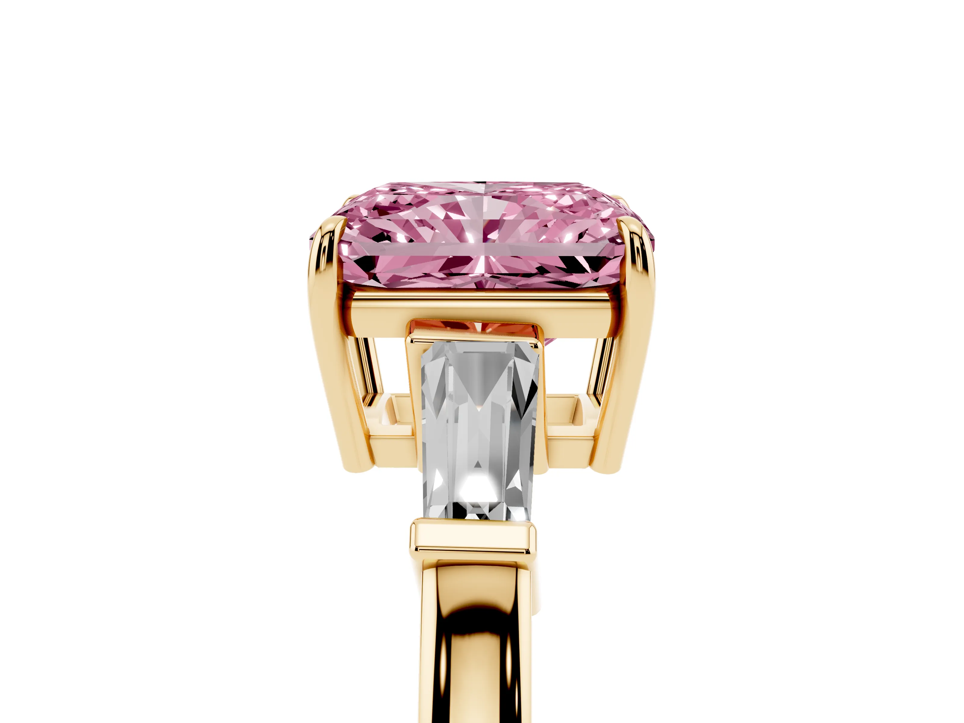 Fancy Pink Radiant Cut Diamond Three-Stone Ring Set in Yellow gold with Tapered Baguette Side Stones and Prong Setting