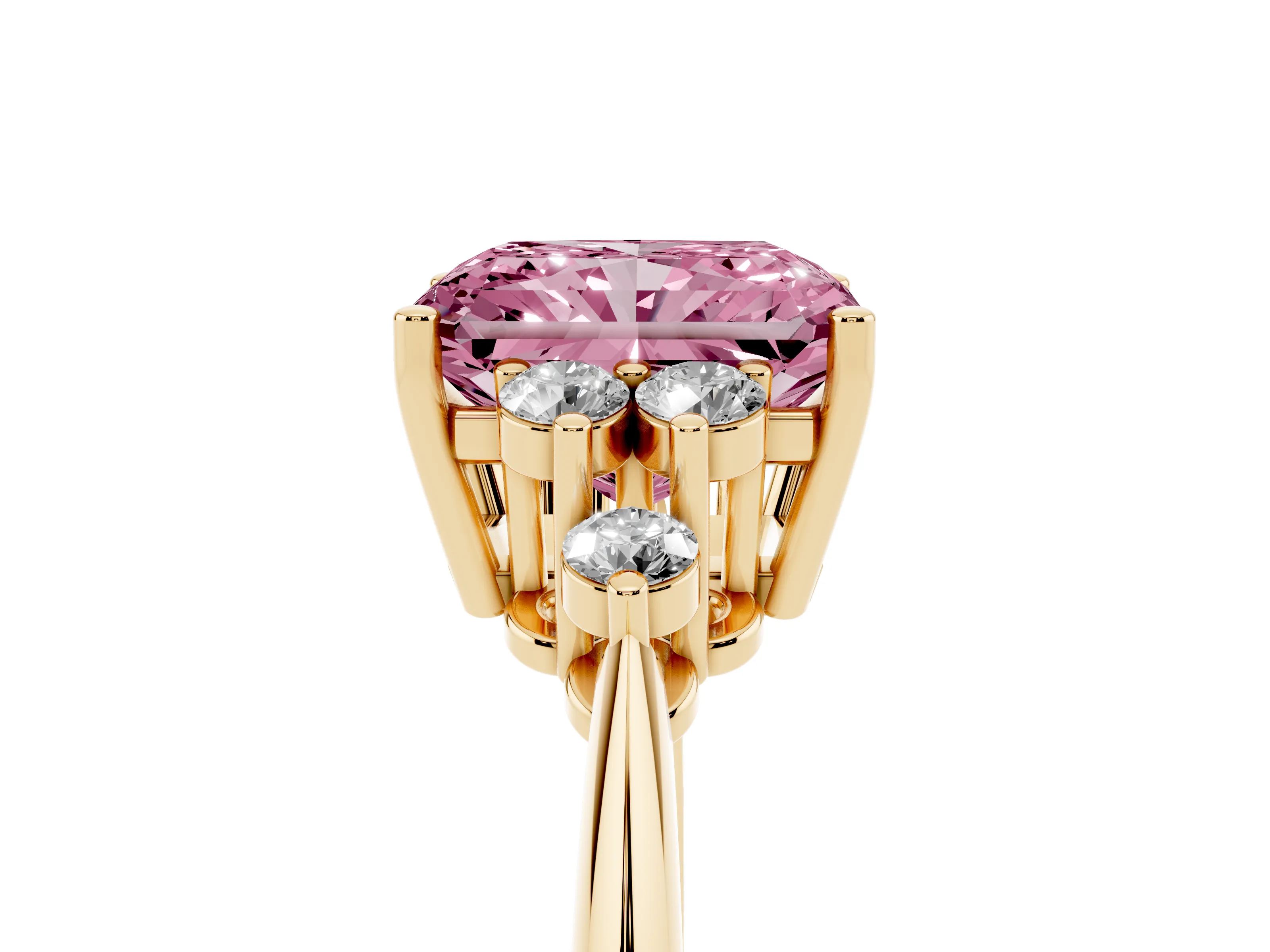 Fancy Pink Radiant Cut Diamond Cluster Ring Set in Yellow gold with Plain Band and Prong Setting