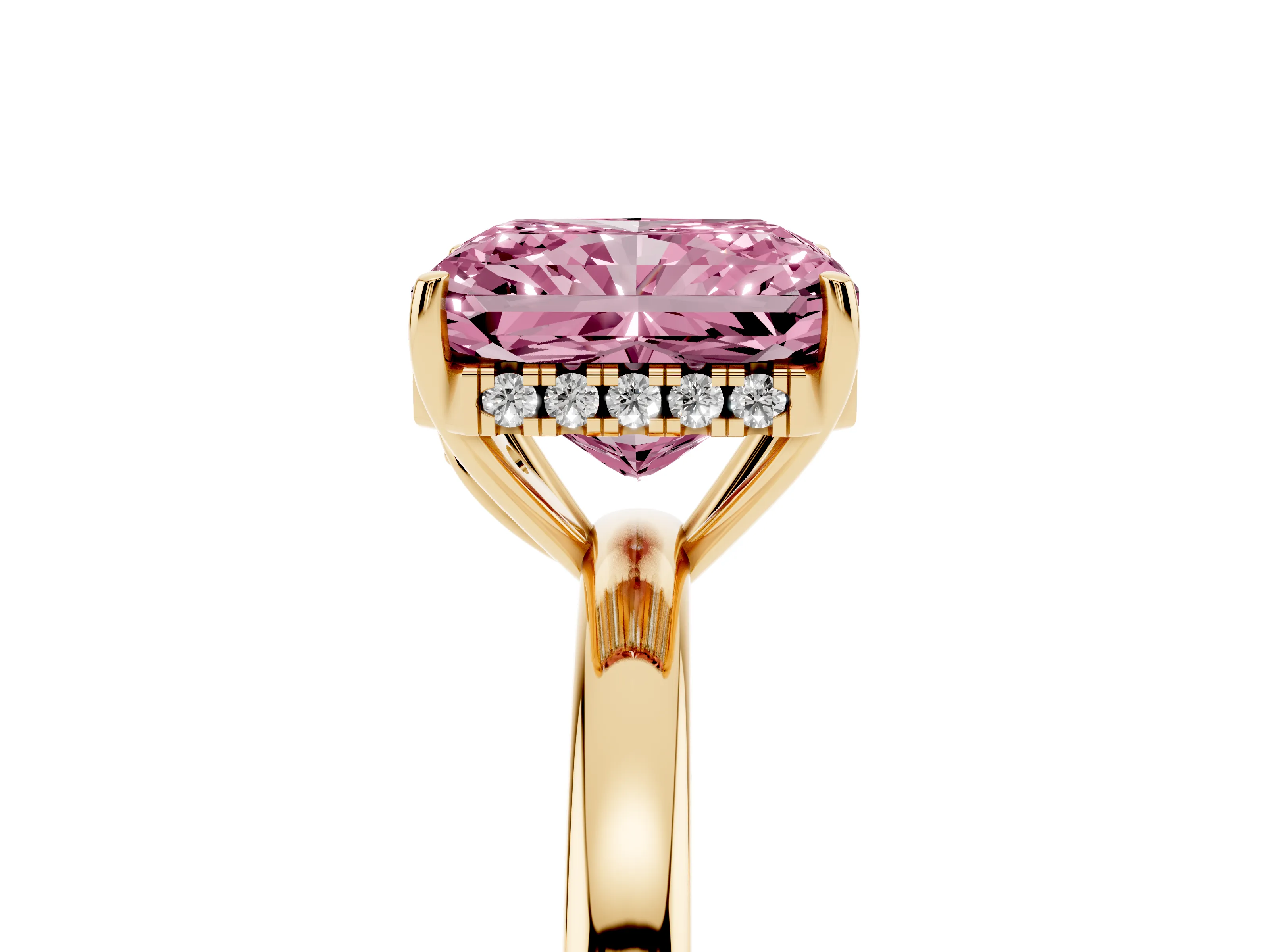 Fancy Pink Radiant Cut Diamond Solitaire Ring Set in Yellow gold with Plain Band and Prong Setting
