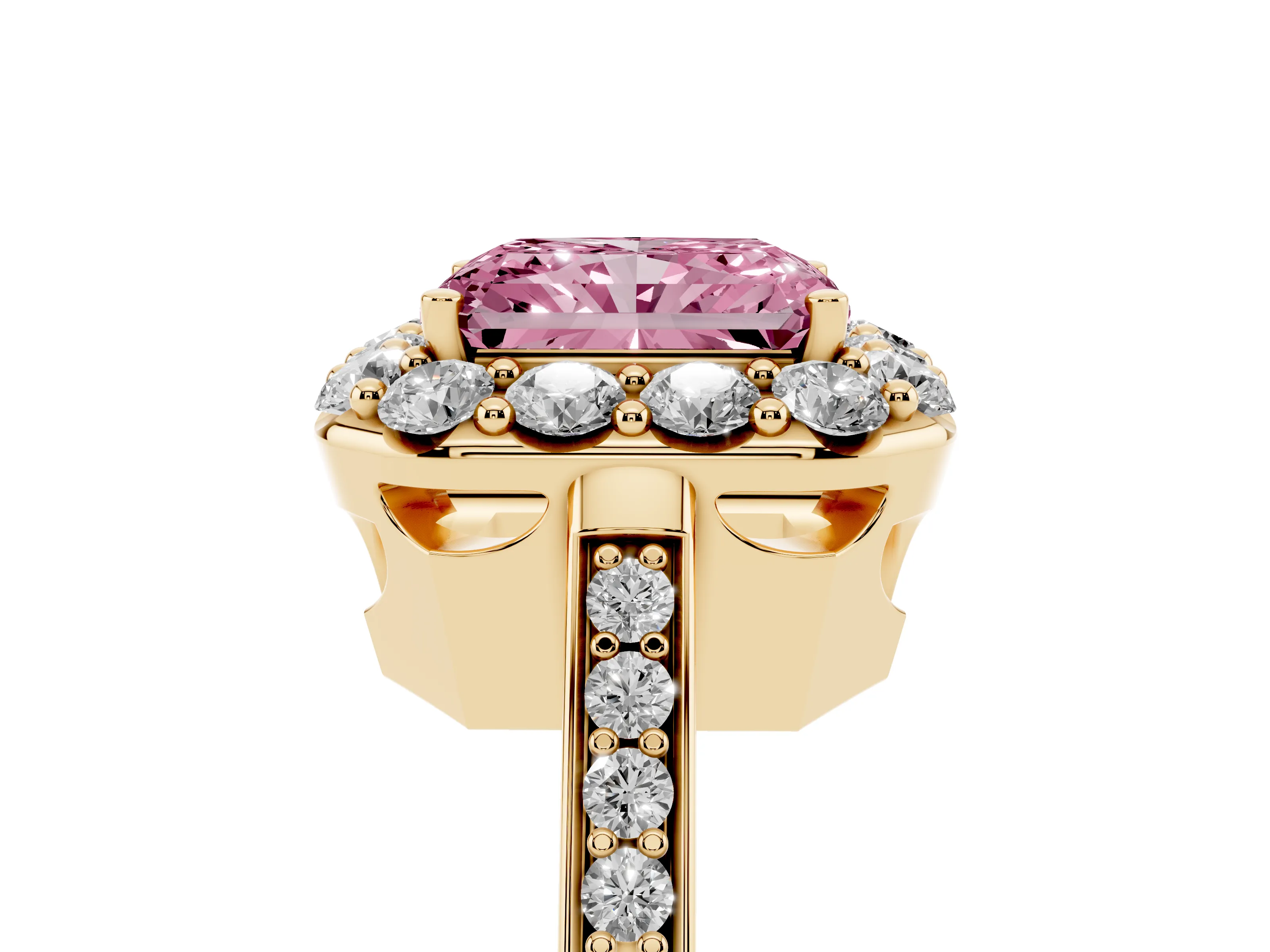 Fancy Pink Radiant Cut Diamond Floral Halo Ring Set in Yellow gold with Pavé Band and Prong Setting