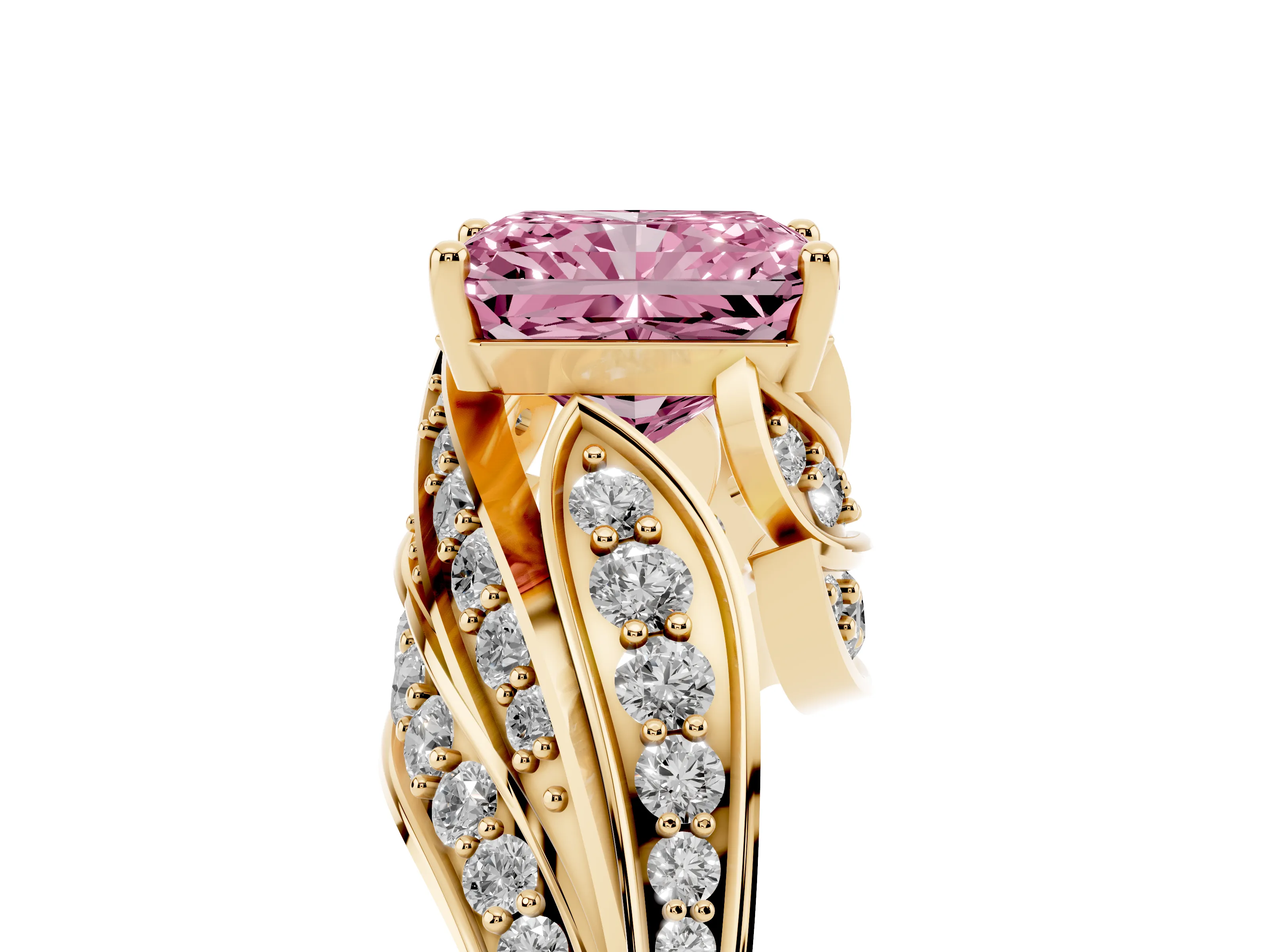 Fancy Pink Radiant Cut Diamond Solitaire Ring Set in Yellow gold with Layered Twist Pavé Band