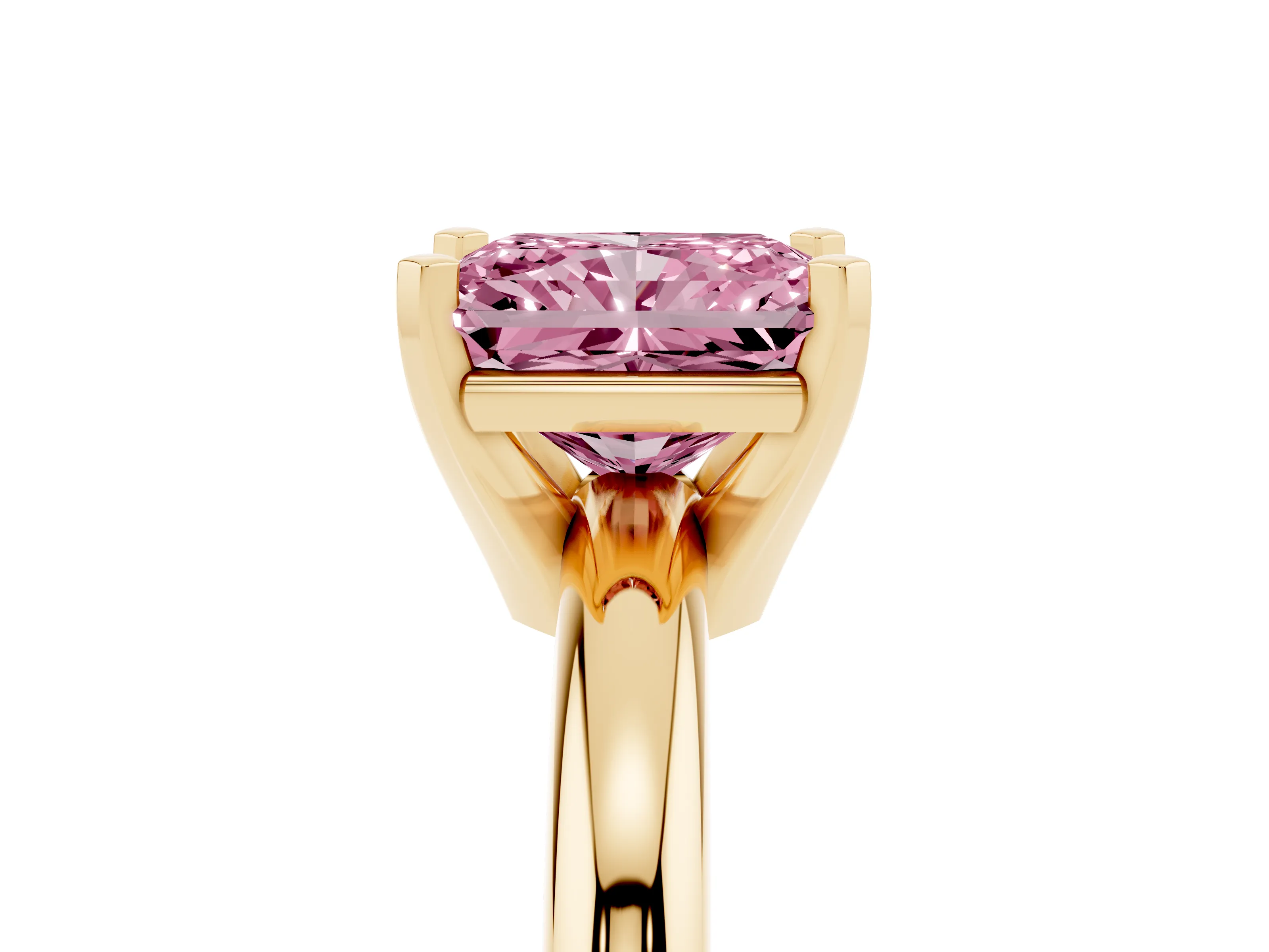Fancy Pink Radiant Cut Diamond Solitaire Engagement Ring Set in Yellow gold with Round Band and Prong Setting