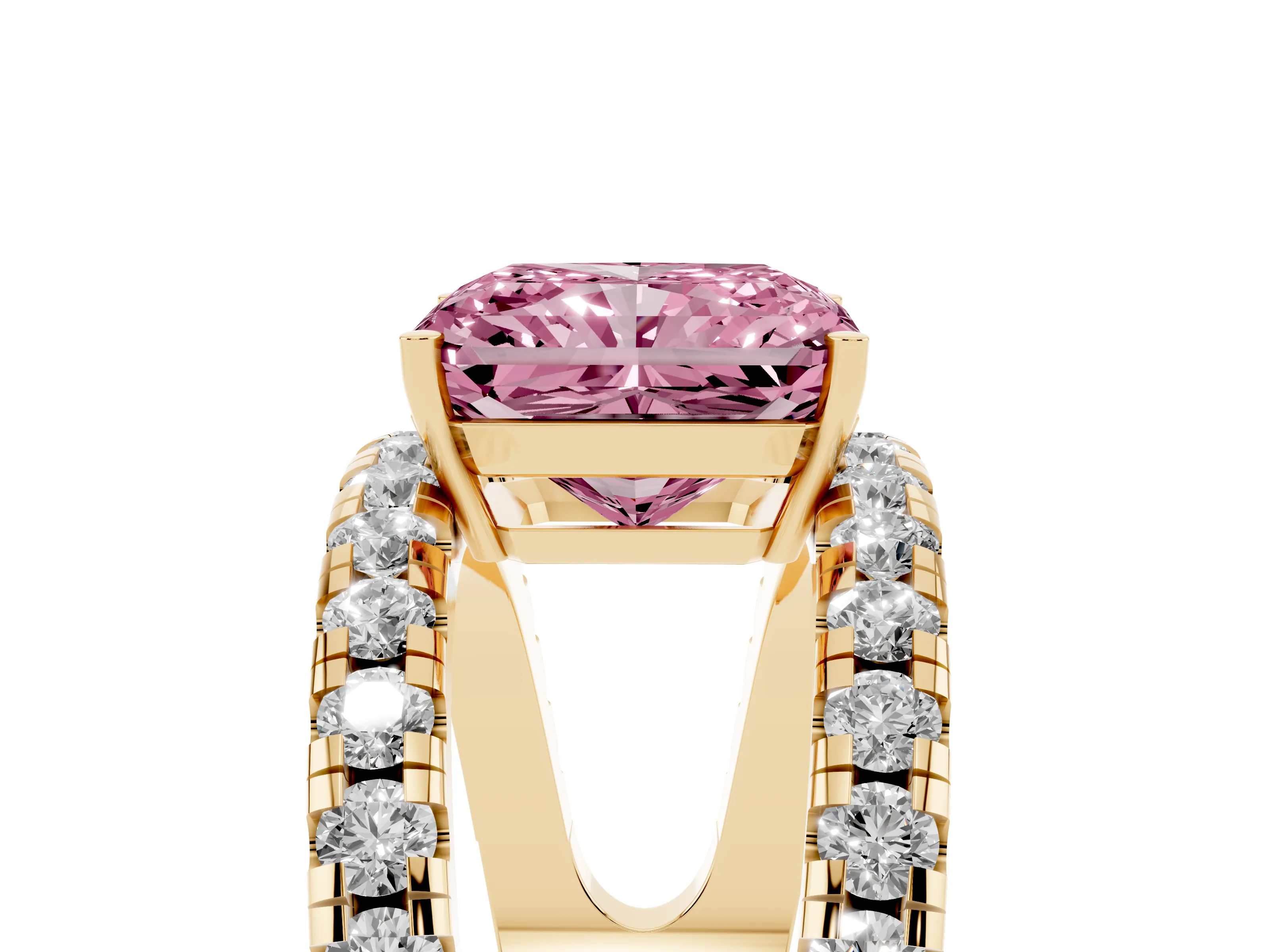 Fancy Pink Radiant Cut Diamond Split Shank Pavé Solitaire Ring Set in Yellow gold with Open Shank Design