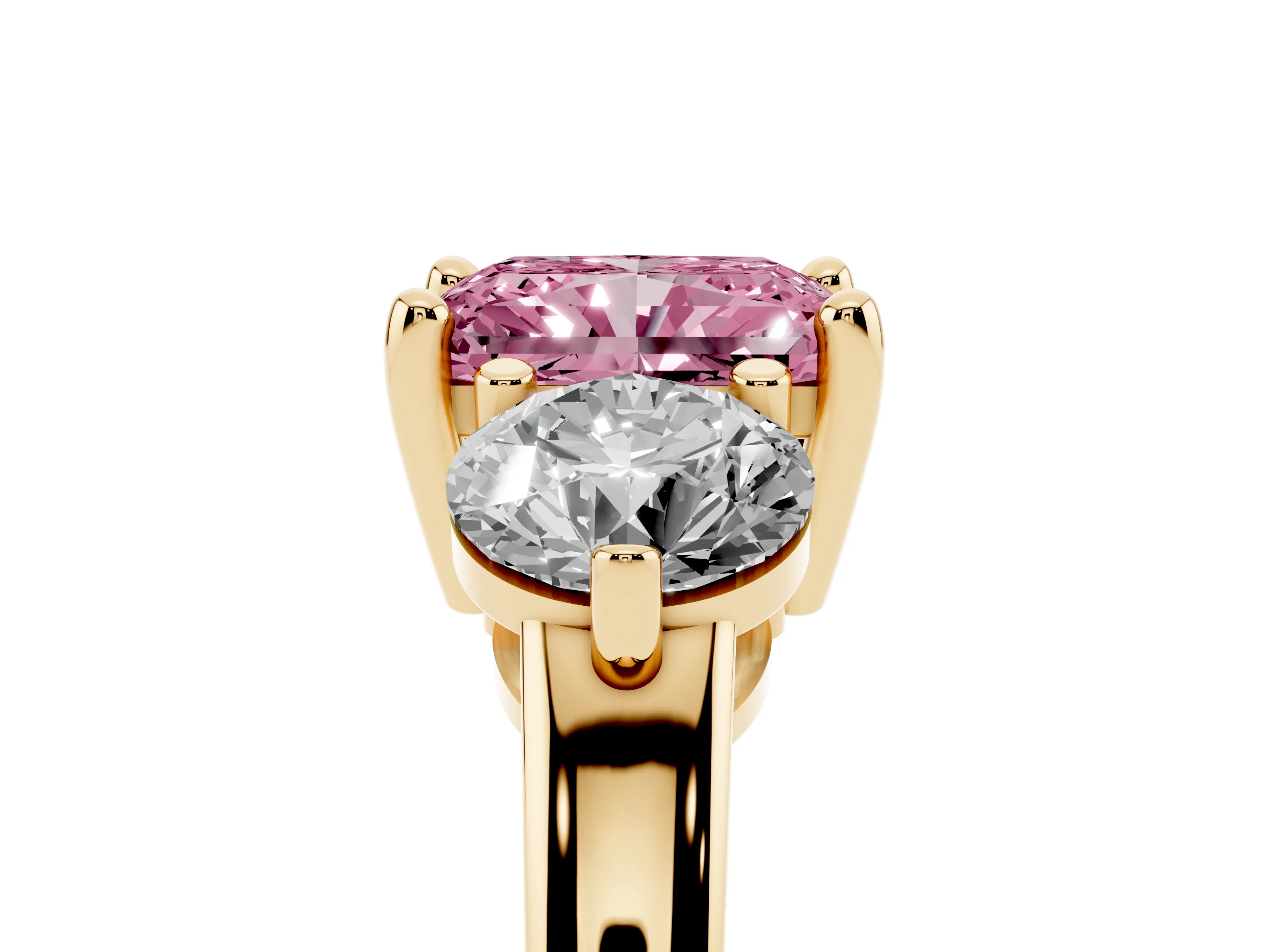 Fancy Pink Radiant Cut Diamond Three-Stone Ring Set in Yellow gold with Prong Setting and Classic Band