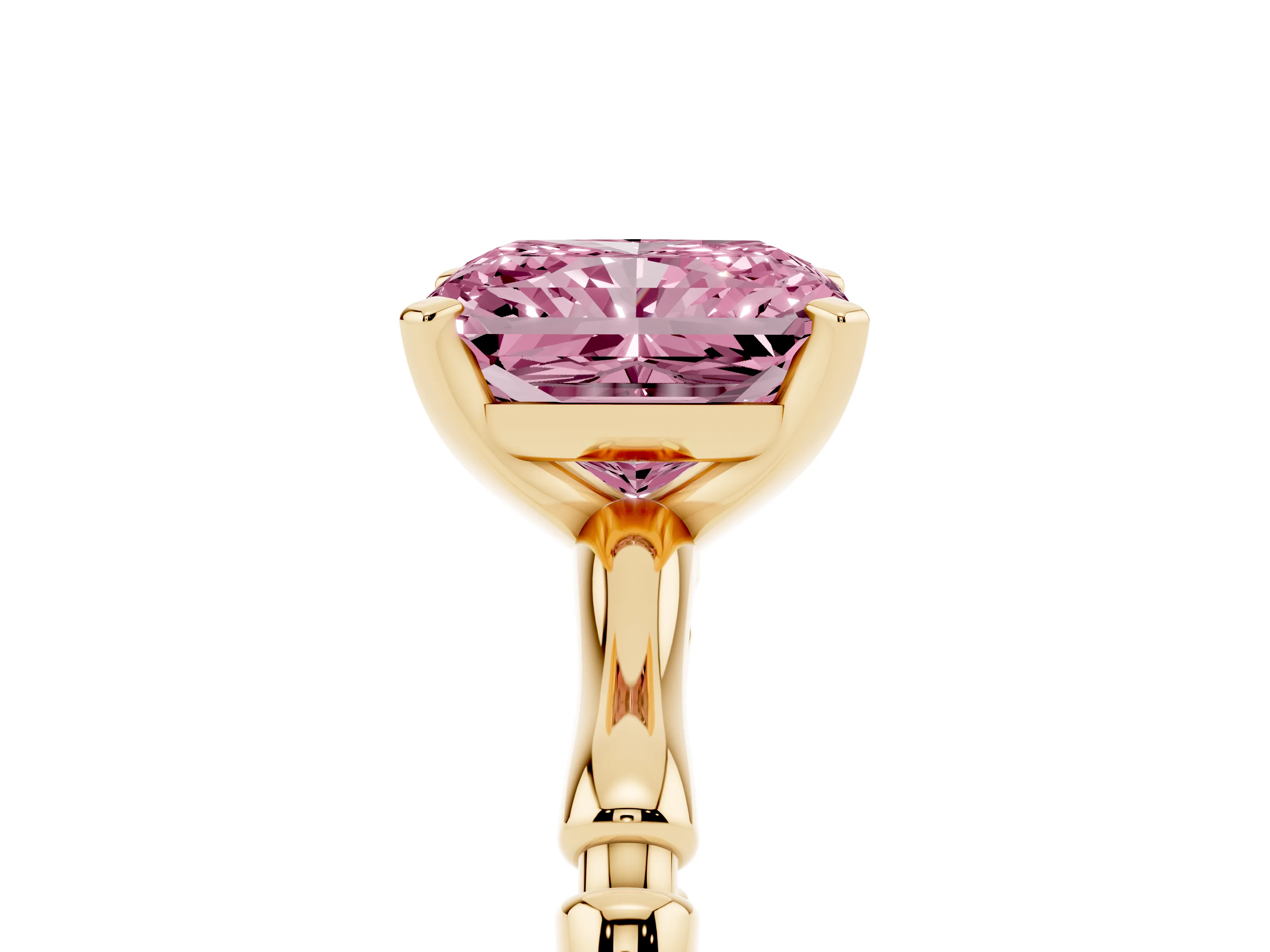 Fancy Pink Radiant Cut Diamond Solitaire Ring Set in Yellow gold with Bamboo Band and Prong Setting