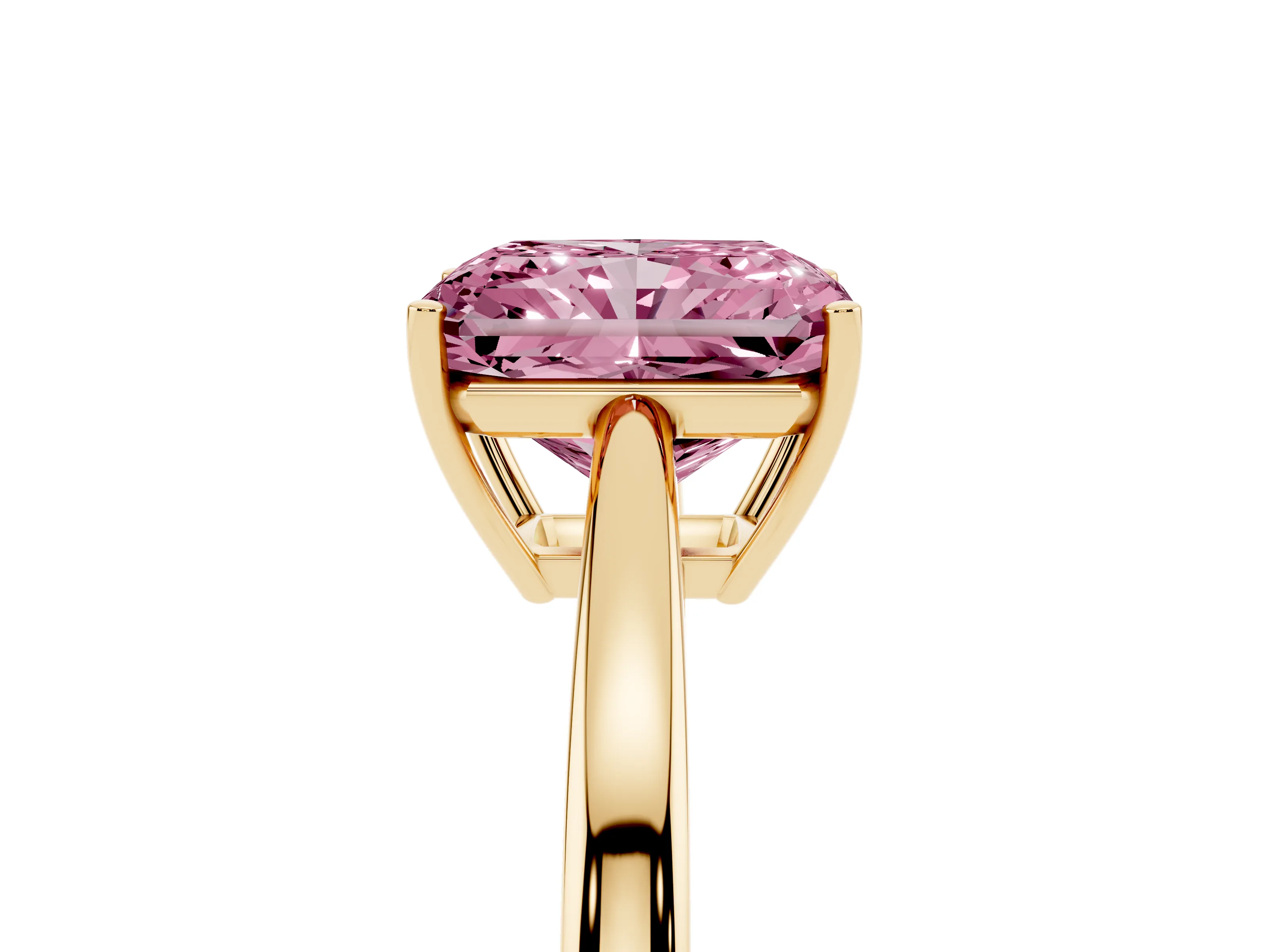 Fancy Pink Radiant Cut Diamond Solitaire Ring Set in Yellow gold with Split Shank and Prong Setting