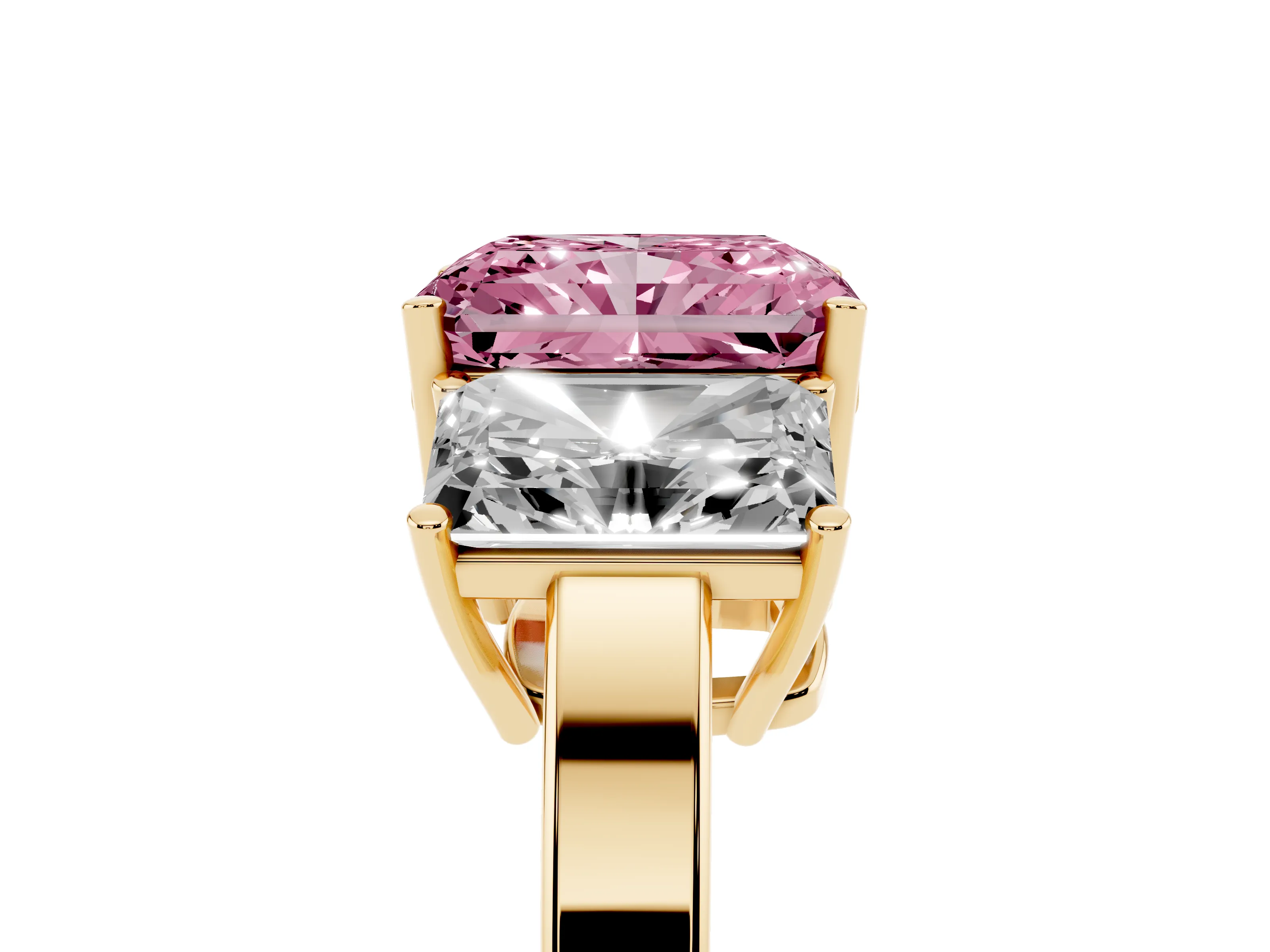 Fancy Pink Radiant Cut Diamond Three-Stone Engagement Ring Set in Yellow gold with Flat Band