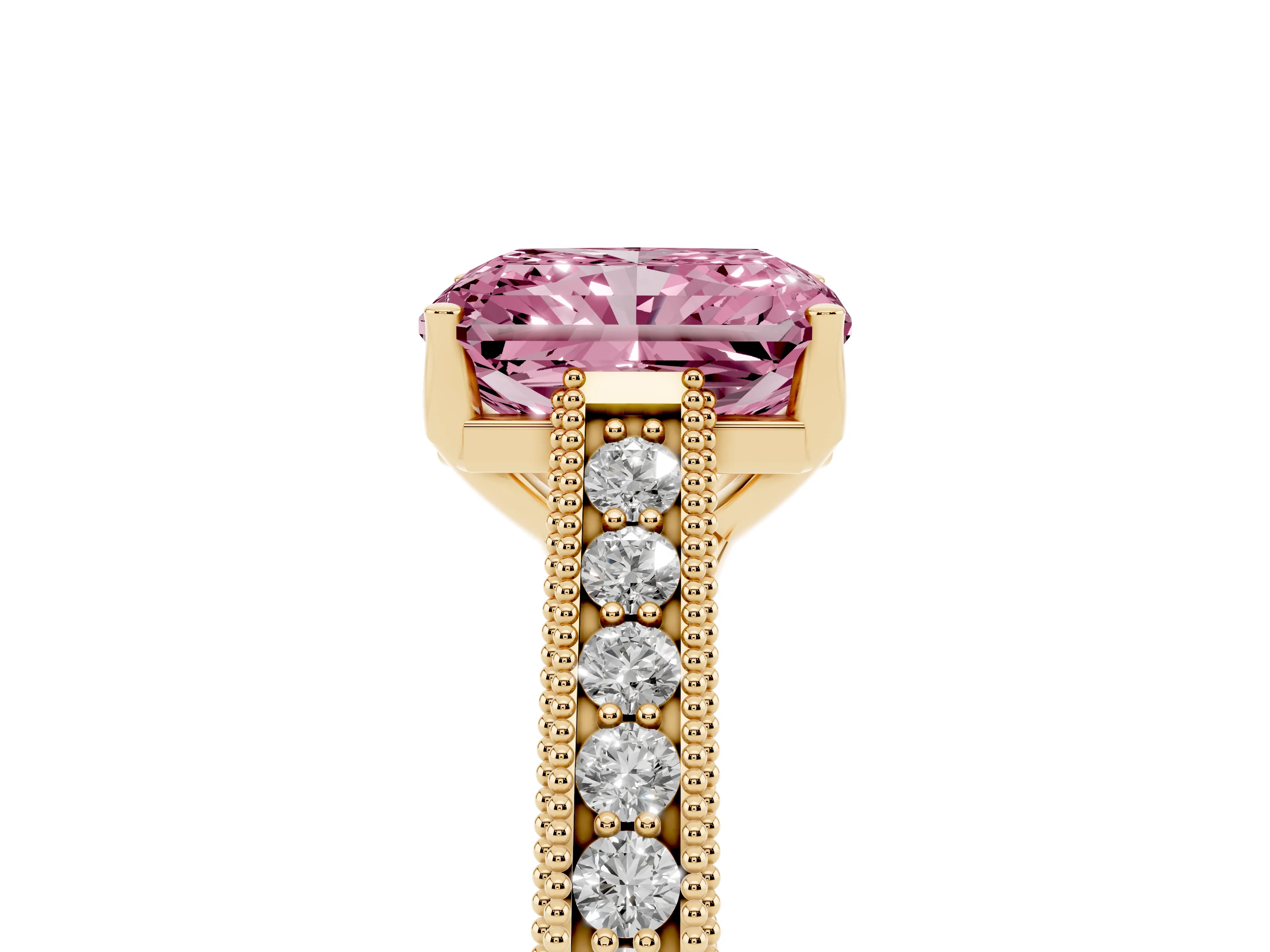 Fancy Pink Radiant Cut Diamond Milgrain Pavé Band Solitaire Ring Set in Yellow gold with Prong Setting