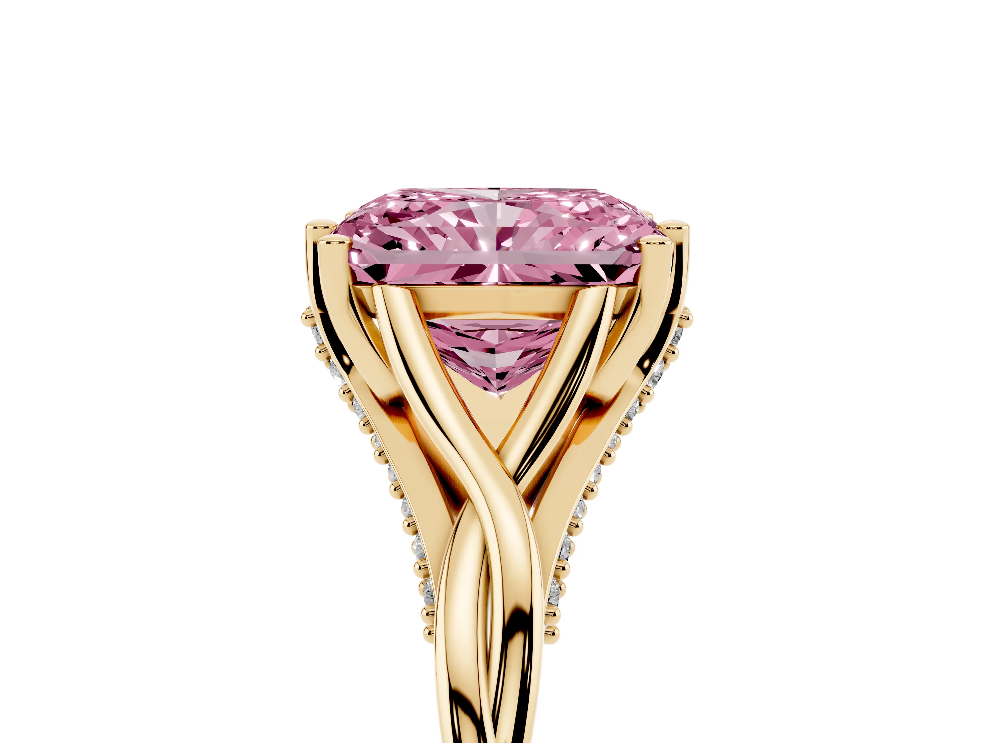 Fancy Pink Radiant Cut Diamond Intertwined Twist Band Solitaire Ring Set in Yellow gold with Prong Setting