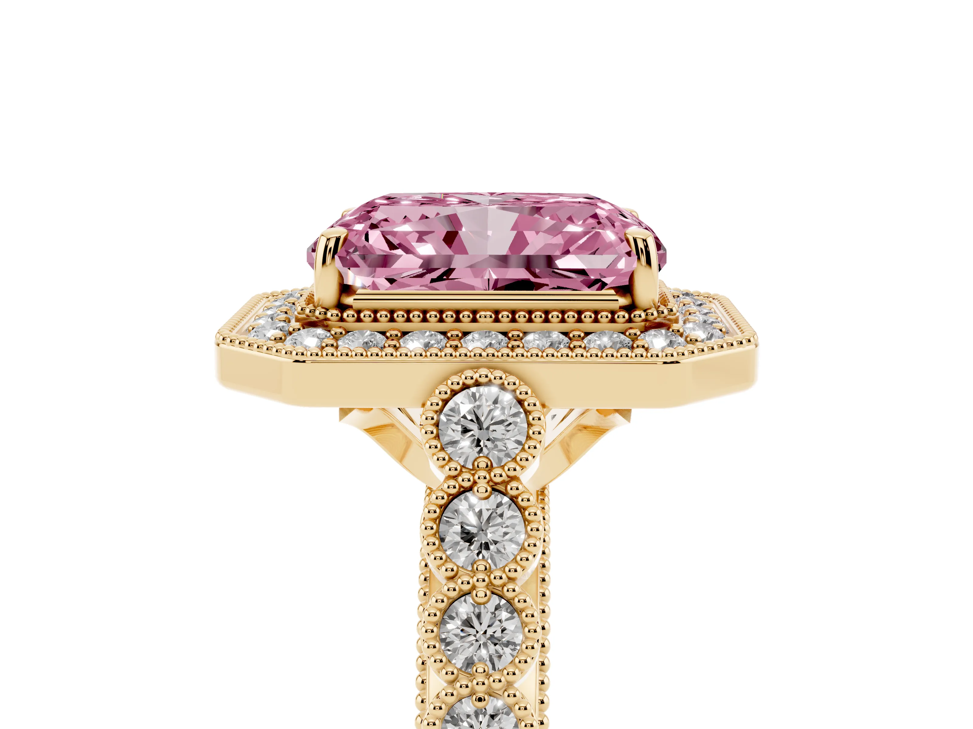 Fancy Pink Radiant Cut Diamond Milgrain Halo Solitaire Ring Set in Yellow gold with Bezel Set Side Stones and Pavé Band