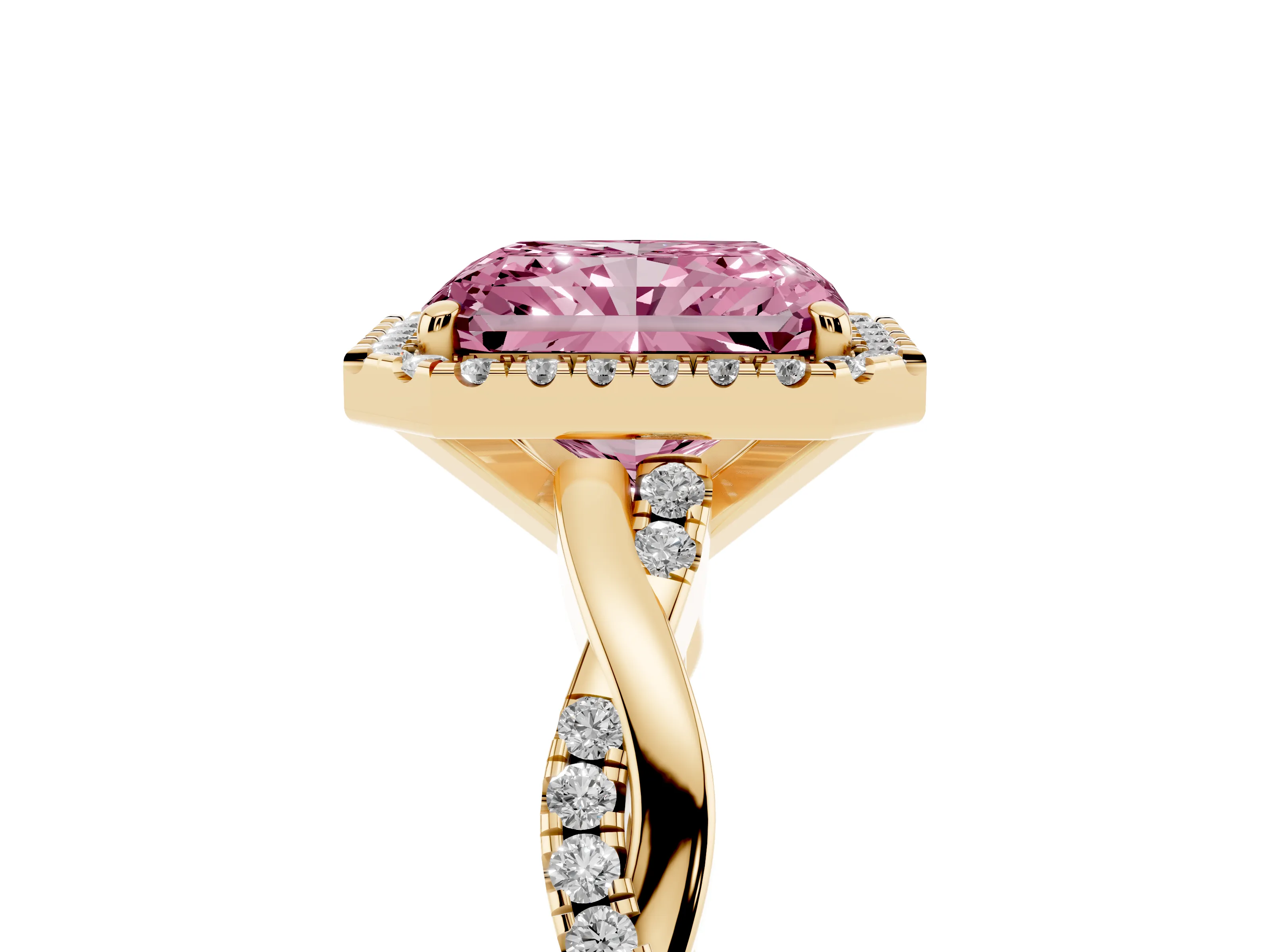 Fancy Pink Radiant Cut Diamond Halo Twisted Band Ring Set in Yellow gold with Prong Setting
