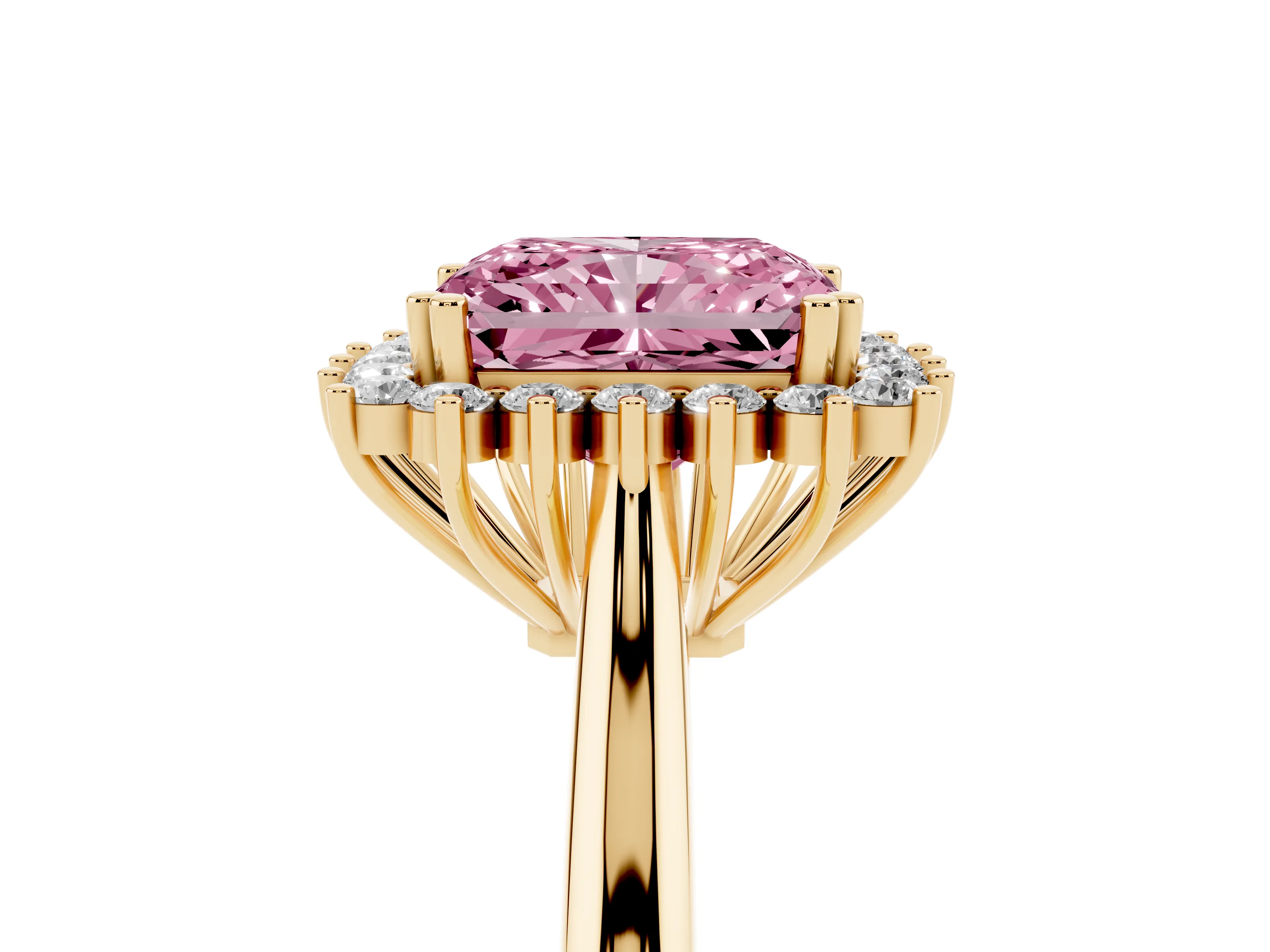Fancy Pink Radiant Cut Diamond Halo Ring Set in Yellow gold with Plain Solitaire Band and Prong Setting