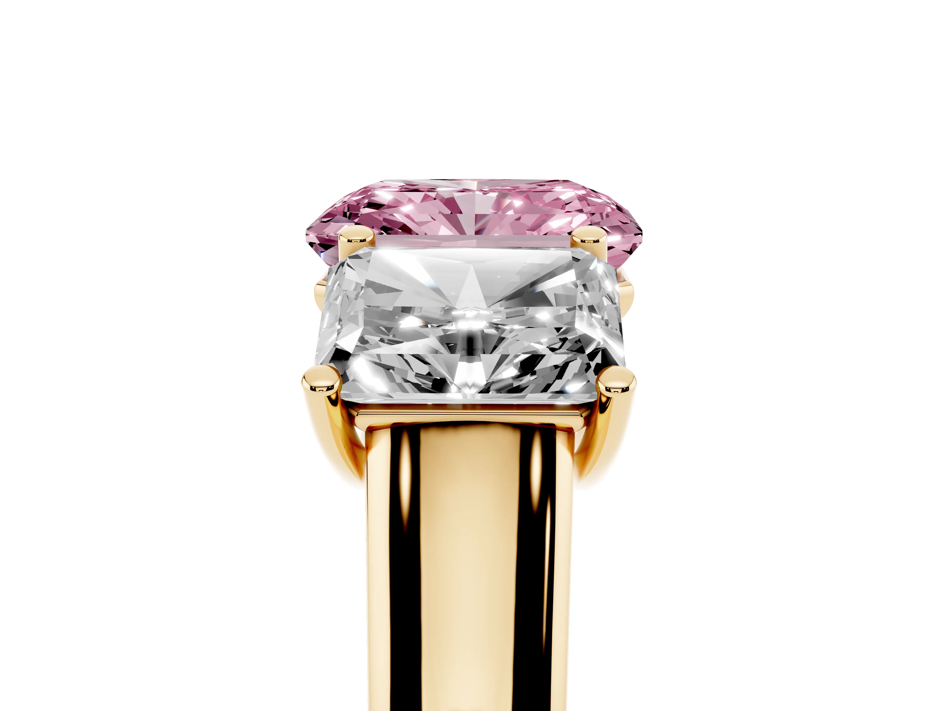 Fancy Pink Radiant Cut Diamond Three-Stone Ring Set in Yellow gold with Plain Polished Band