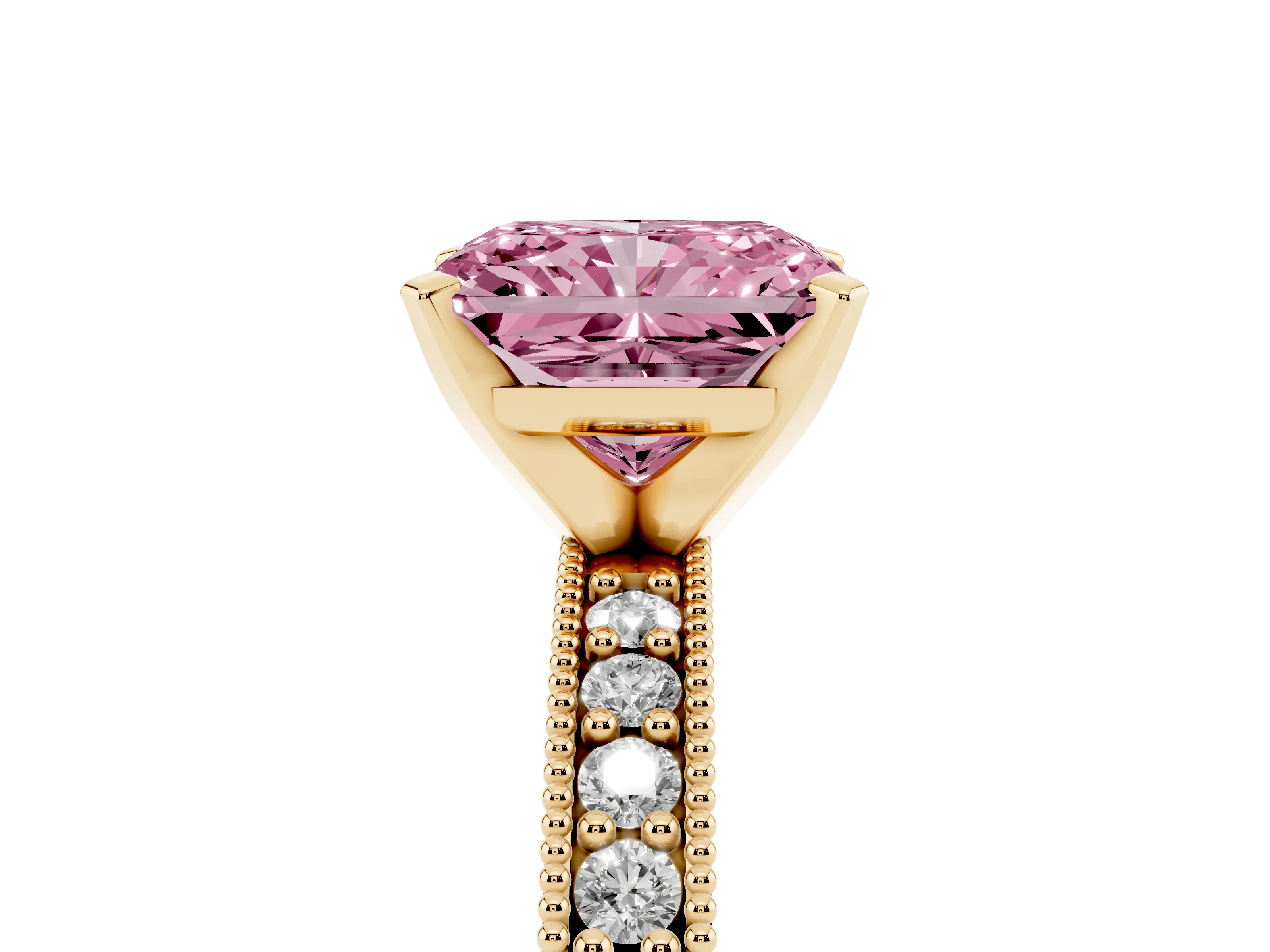 Fancy Pink Radiant Cut Diamond Milgrain Pavé Engagement Ring Set in Yellow gold with Prong Setting